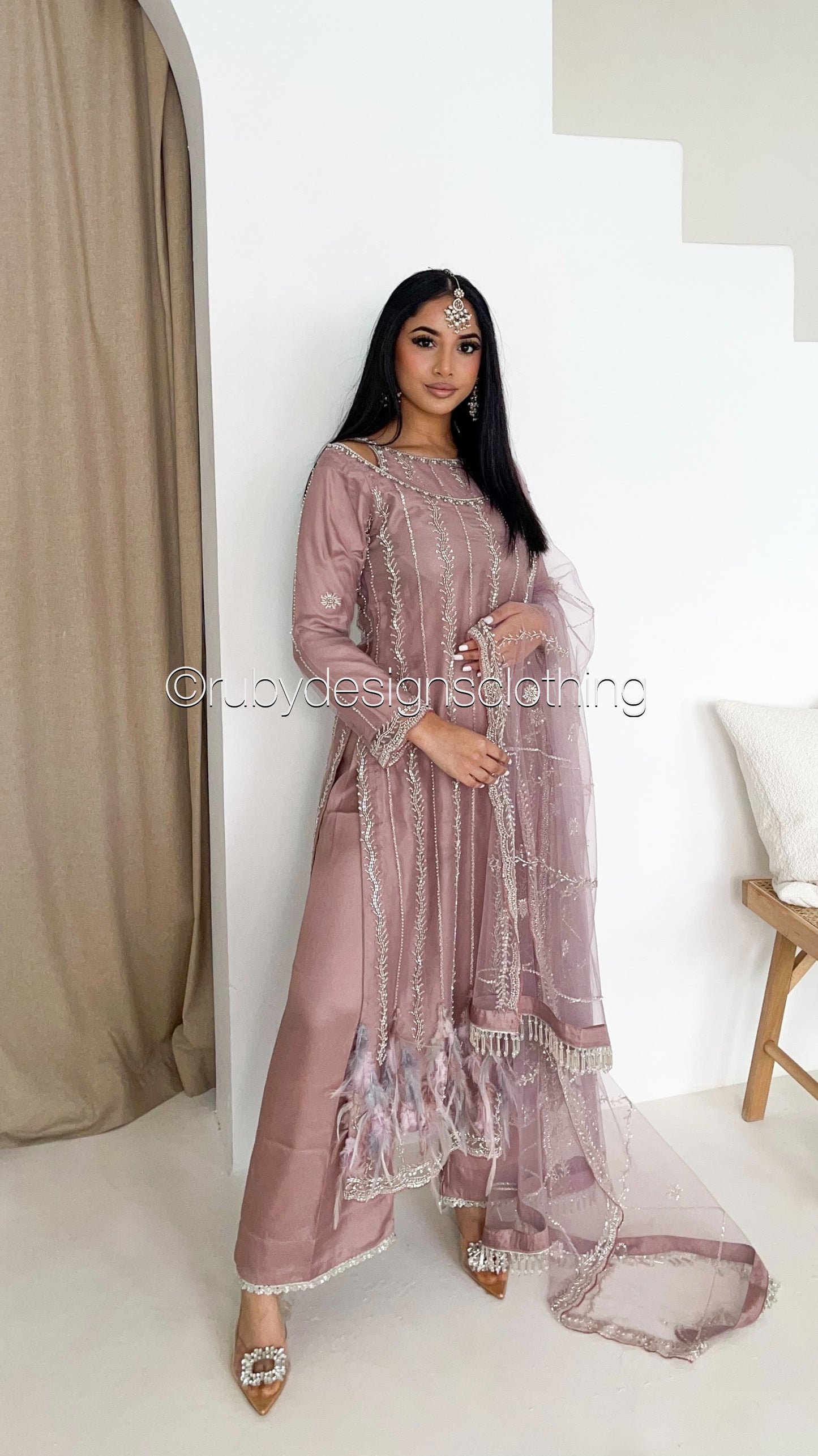 ELARA Bloom - 3 Piece Pink/Lilac Net Suit with Heavy Cutdana Work