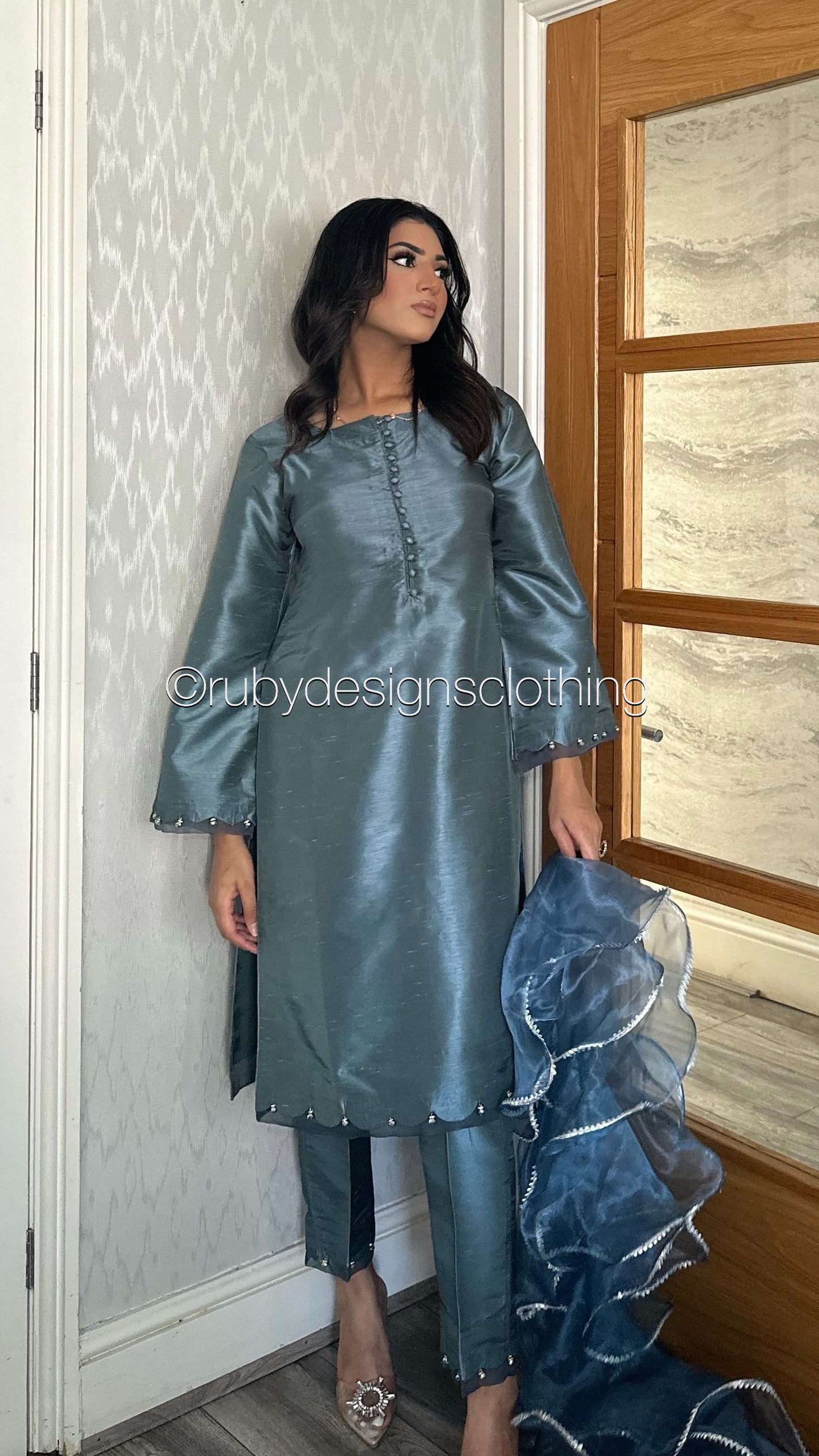 ALEEZA Blue - 3 Piece Raw Silk Suit with Ruffle Dupatta