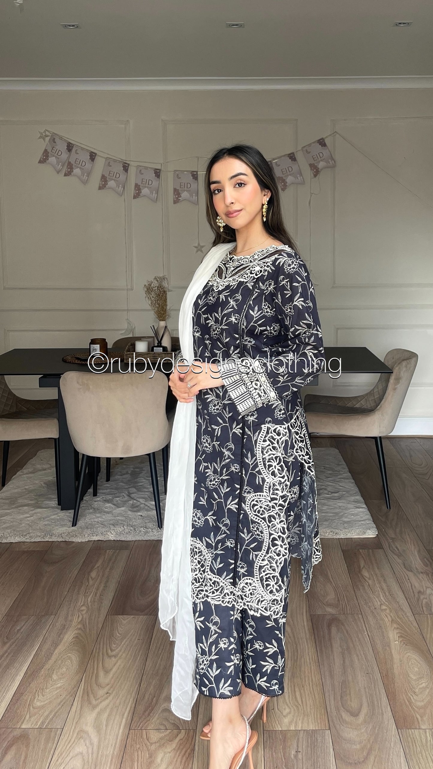 HABIBA - 3 Piece Charcoal Grey/Navy Lawn Suit with White Chiffon Dupatta (8583535427797)