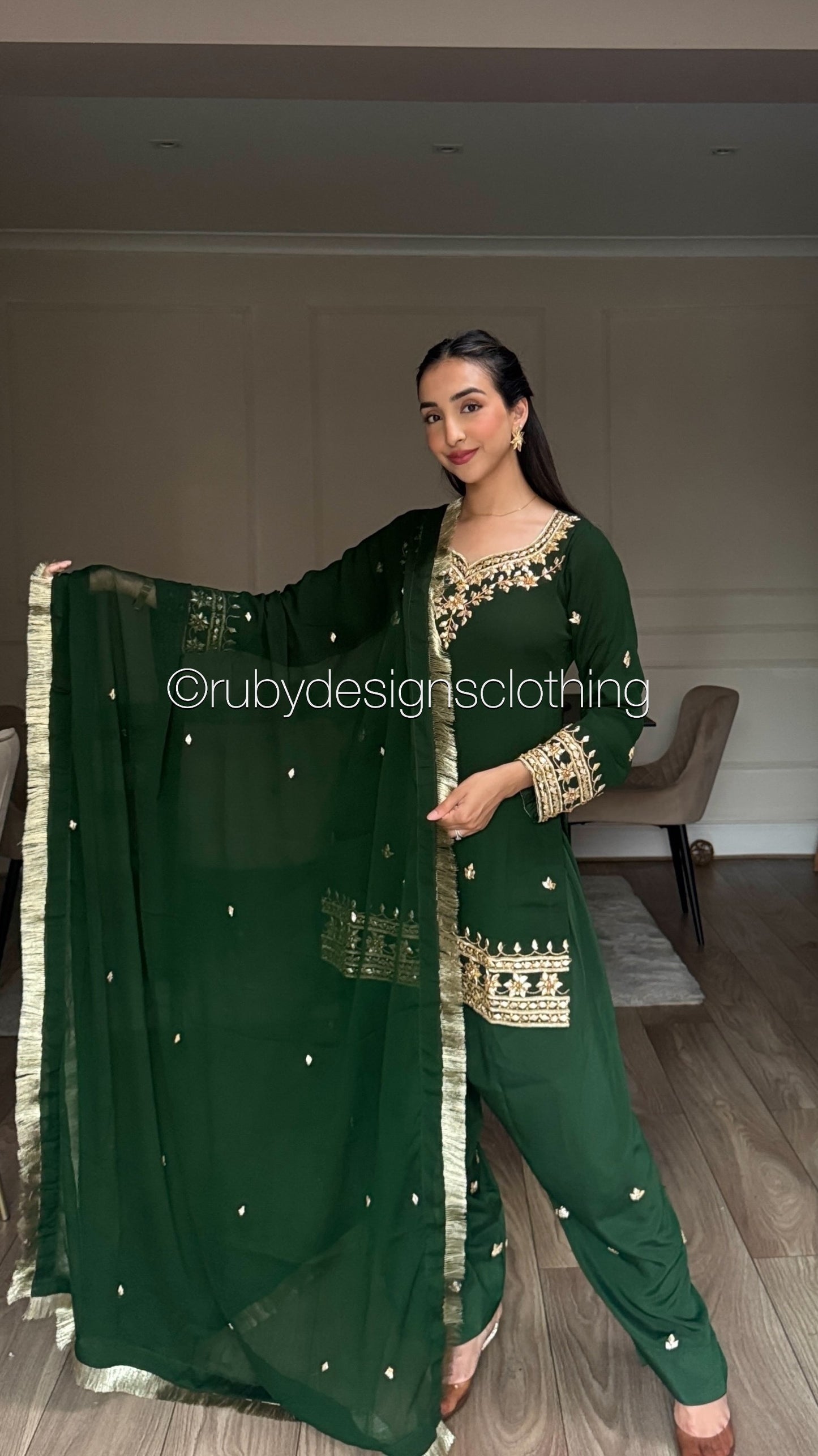 SAJAL Emerald - 3 Piece Chiffon Suit with Farshi Shalwar and Gota Handwork
