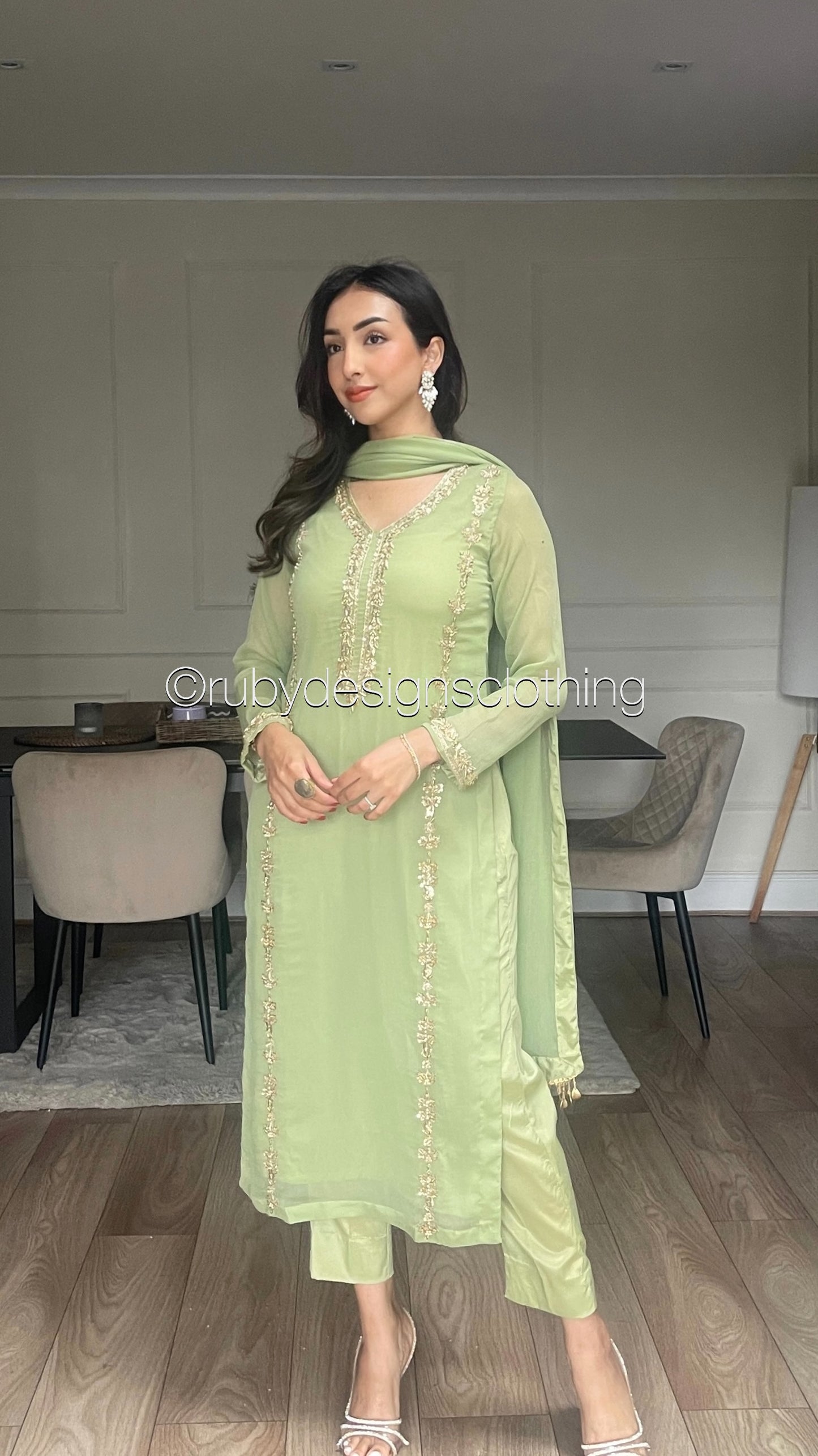 SADAF Sage - 3 Piece Sage Chiffon Suit with Gota Work (8311027925205)