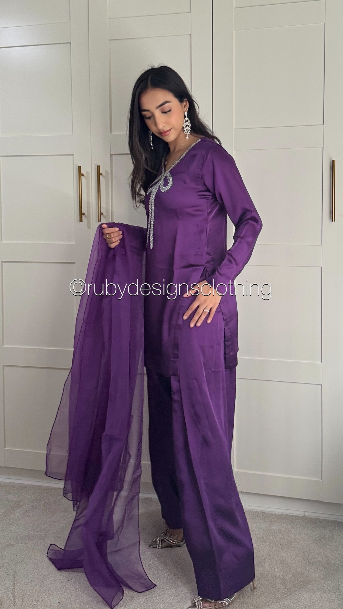 MONA - 3 Piece Silk Suit with Farshi Shalwar and Bow Detail
