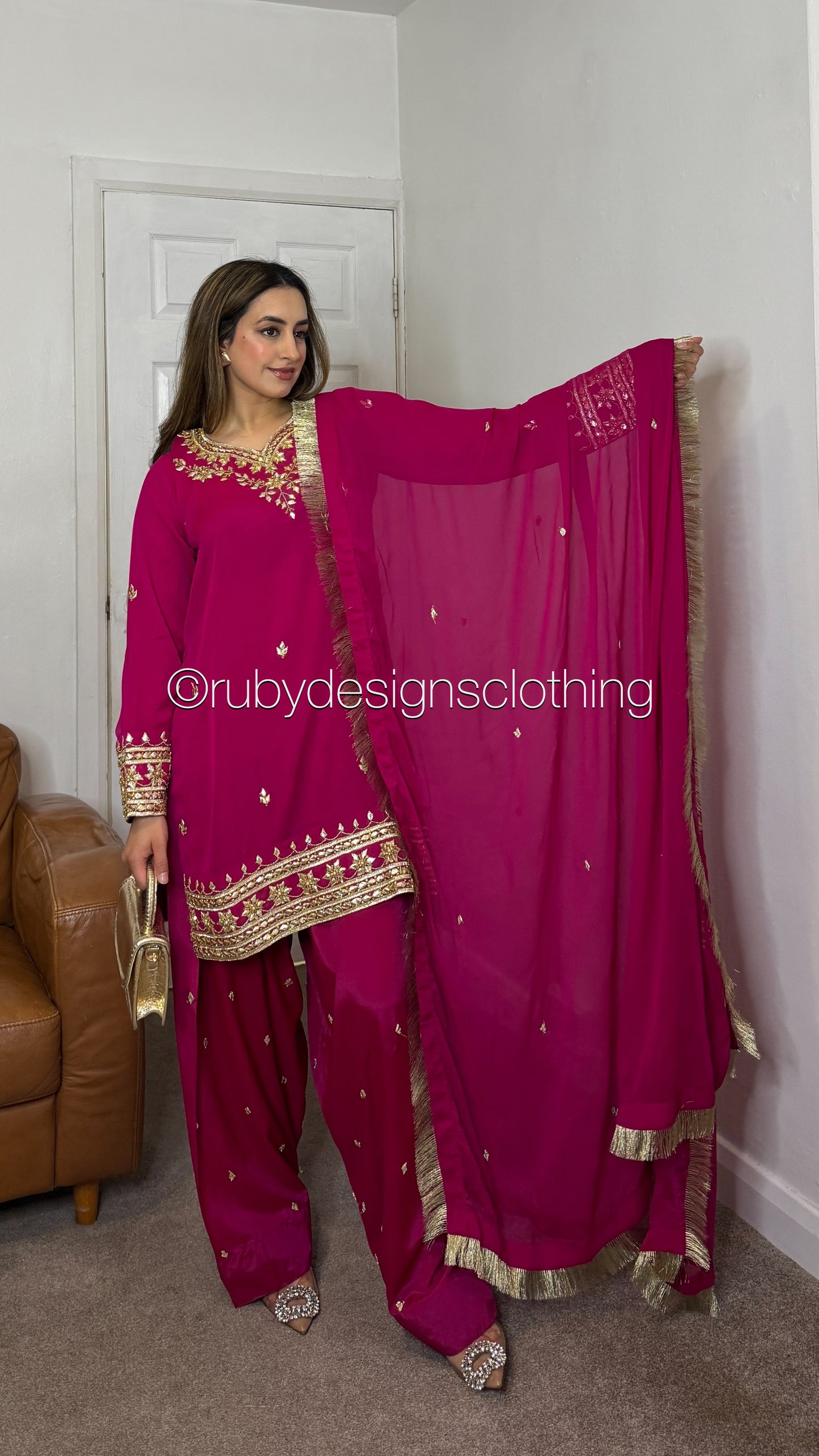 SAJAL Rose - 3 Piece Chiffon Suit with Farshi Shalwar and Gota Handwork