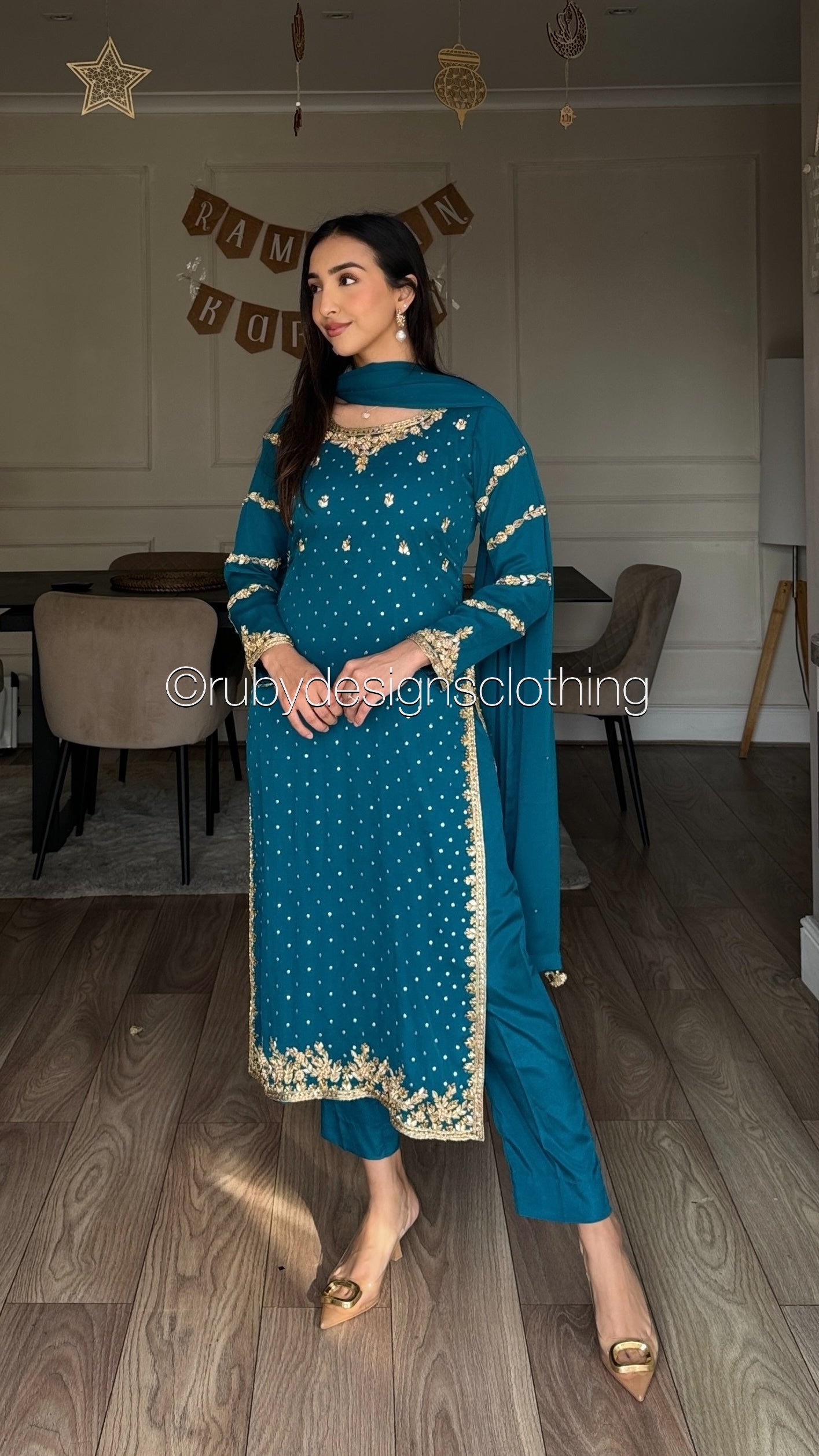 ZAREEN Teal - Luxury 3 Piece Chiffon Suit with Gold Handwork