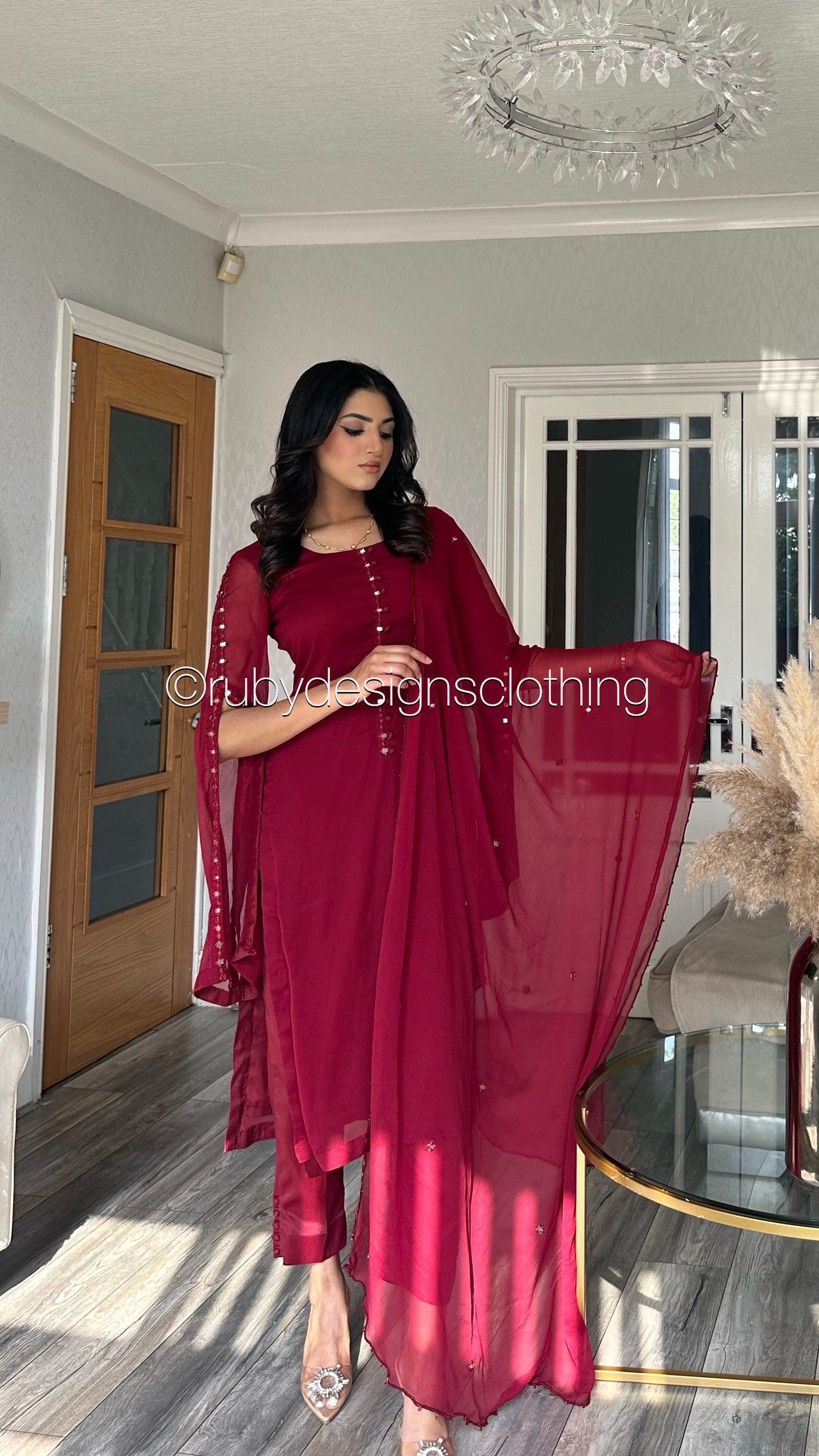 KAYRA Ruby - 3 Piece Ruby Chiffon Suit with Split Sleeve (8151996399829)