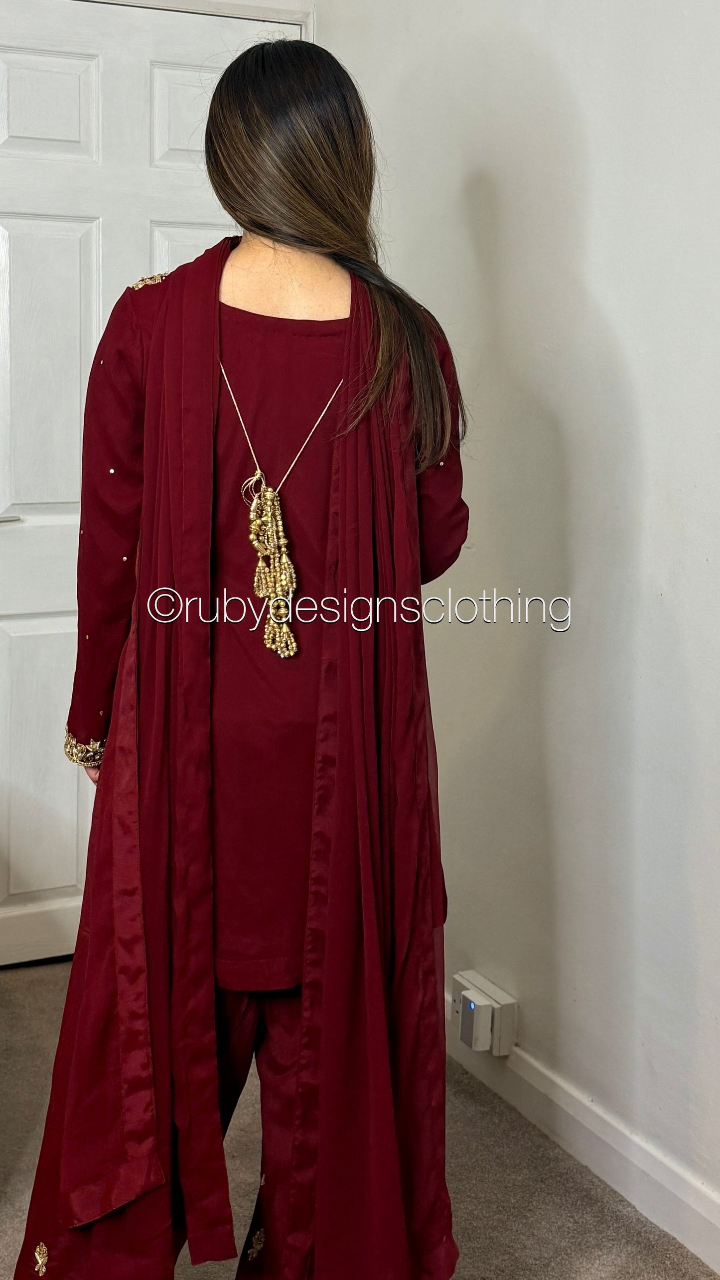 HUMNA Ruby - 3 Piece Chiffon Suit with Farshi Shalwar