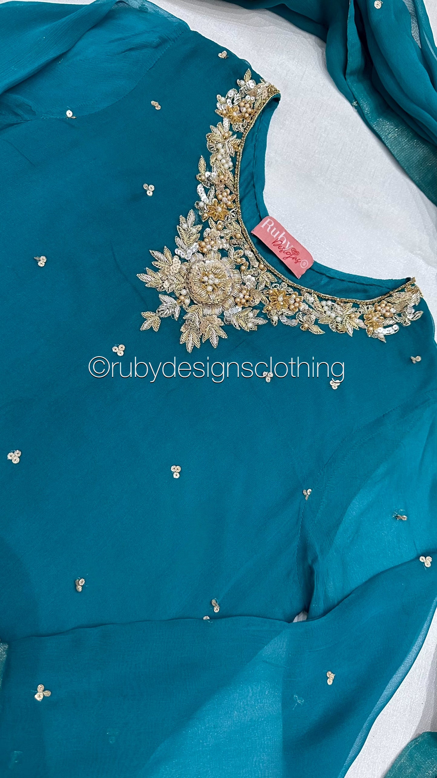ALVIA Teal - 3 Piece Teal Chiffon Suit with Gold Handwork (8295034847445)