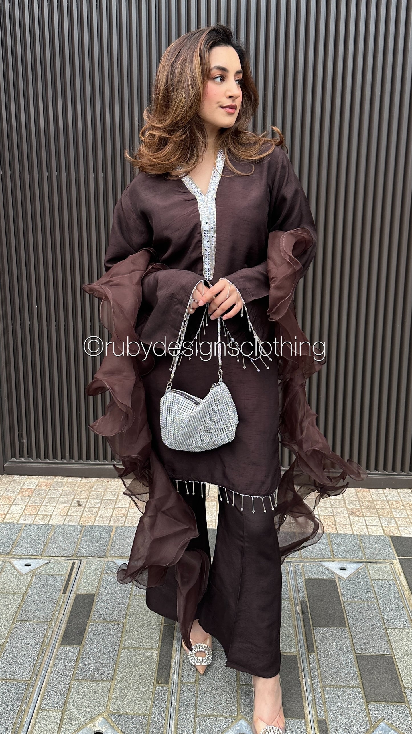 SABEEN Cocoa - 3 Piece Brown Raw Silk Suit with Ruffle Dupatta (8502097838293)