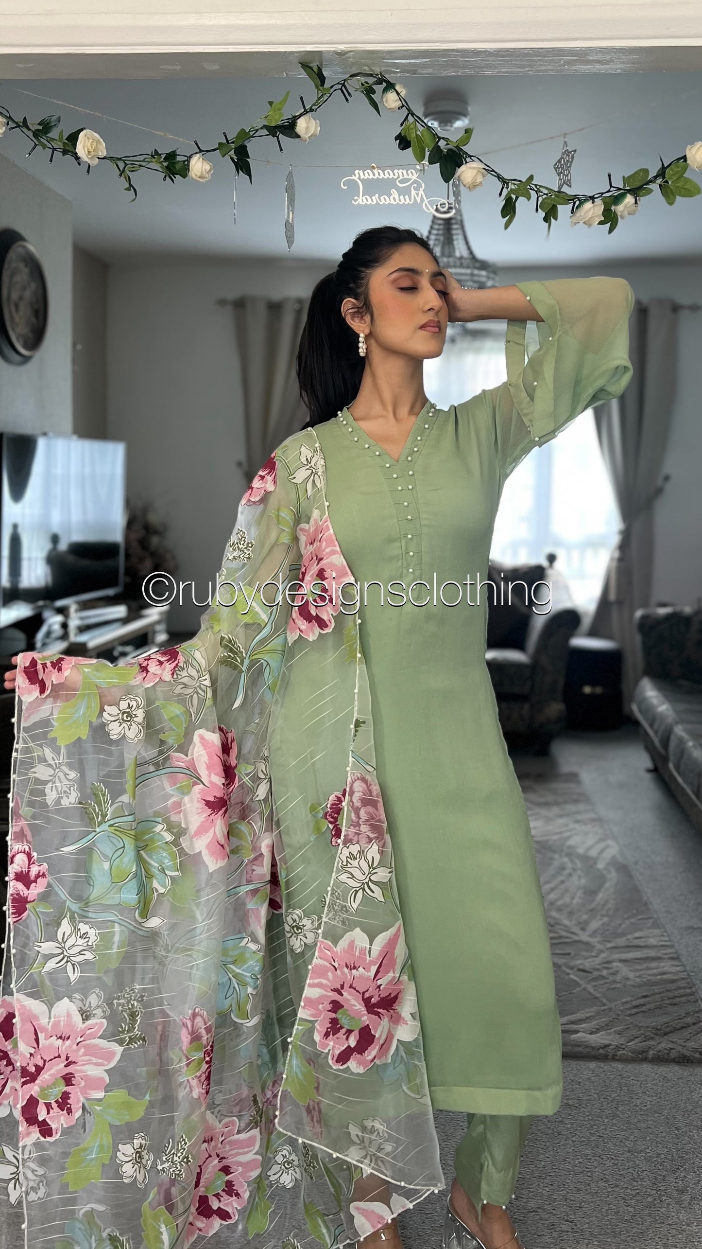 ARIA Sage - 3 Piece Sage Green Chiffon Suit with Chiffon Dupatta (8371704070357) (8748005654741)