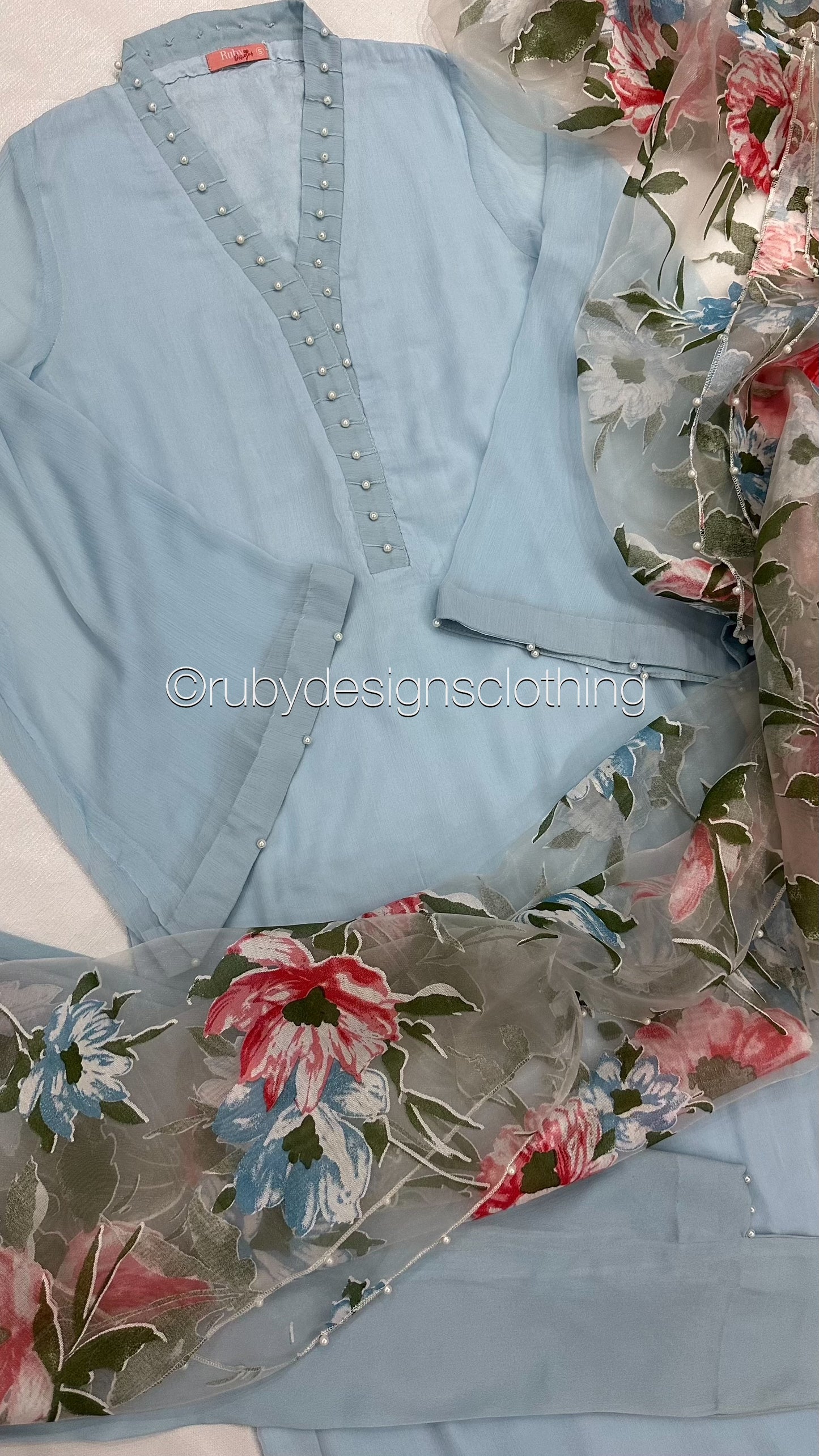 ARIA Sky - 3 Piece Blue Chiffon Suit with Organza Dupatta (8371716096213)
