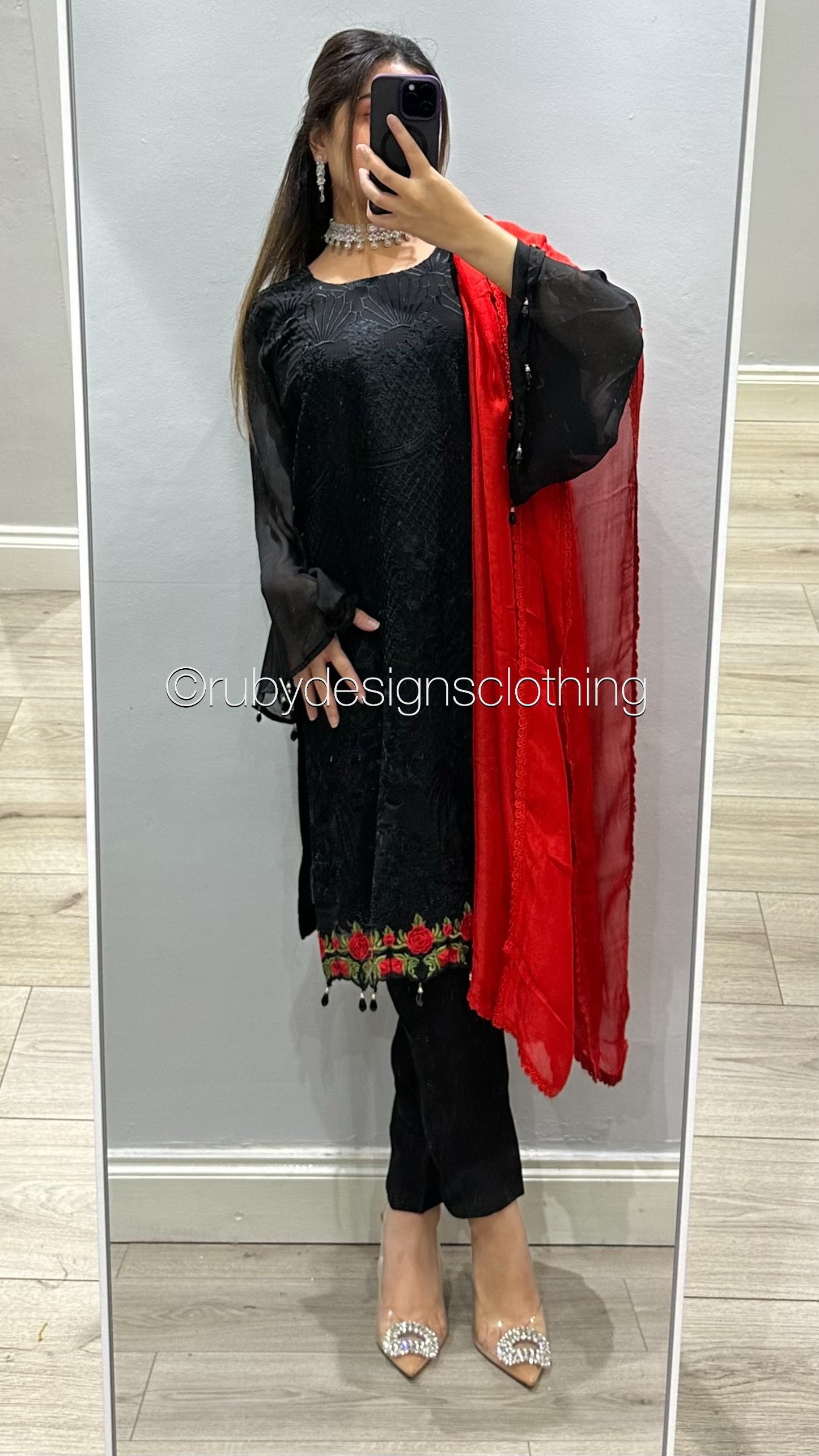 MISBA - 3 Piece Black Chiffon Suit with Red Chiffon Dupatta (8746833969365)