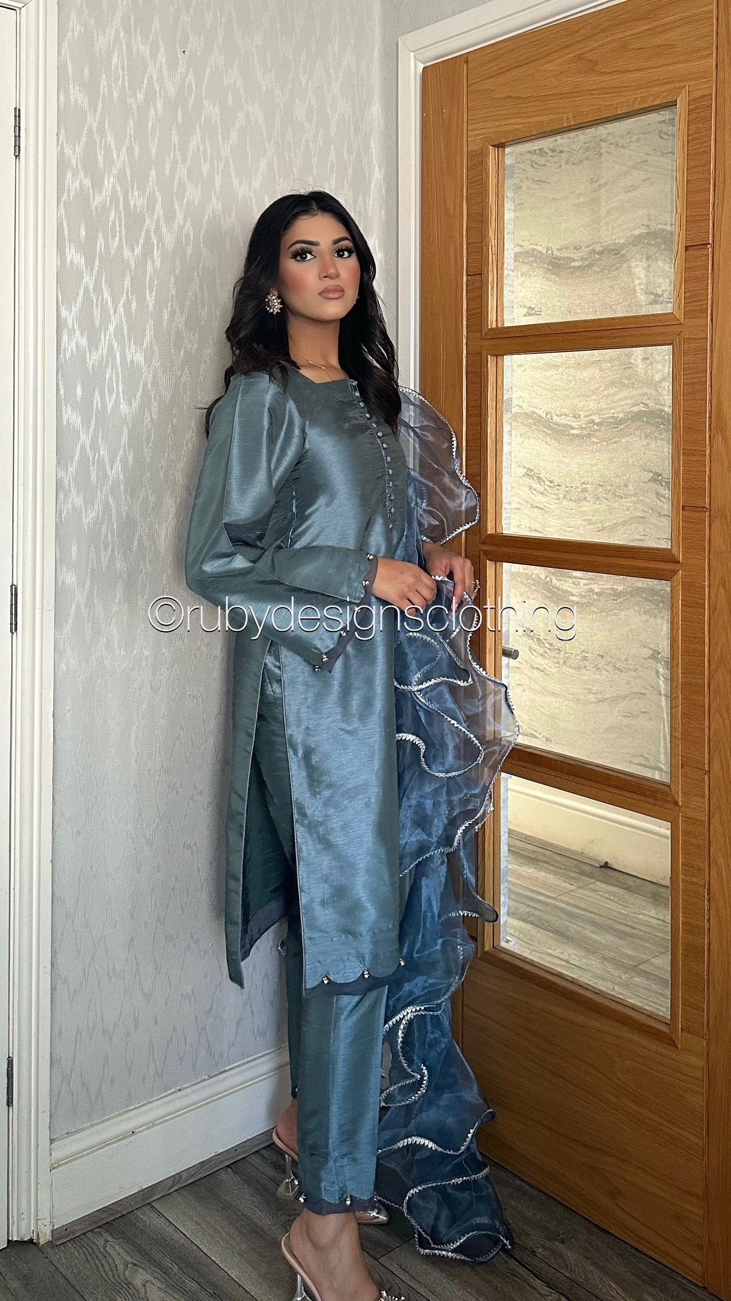 ALEEZA Blue - 3 Piece Raw Silk Suit with Ruffle Dupatta (8210381799637)