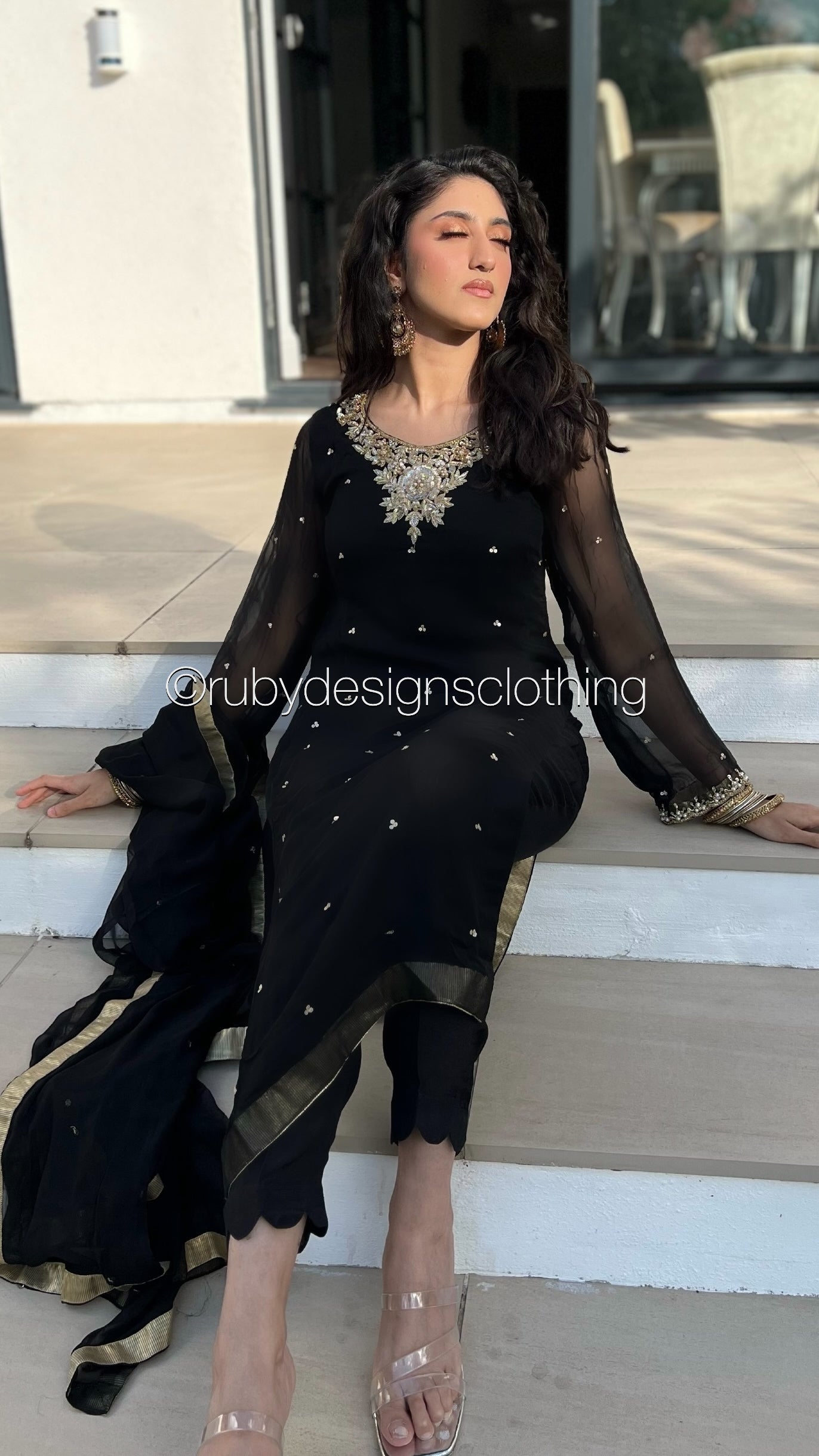 ALVIA Black - 3 Piece Black Chiffon Suit with Gold Handwork (8294976651477)