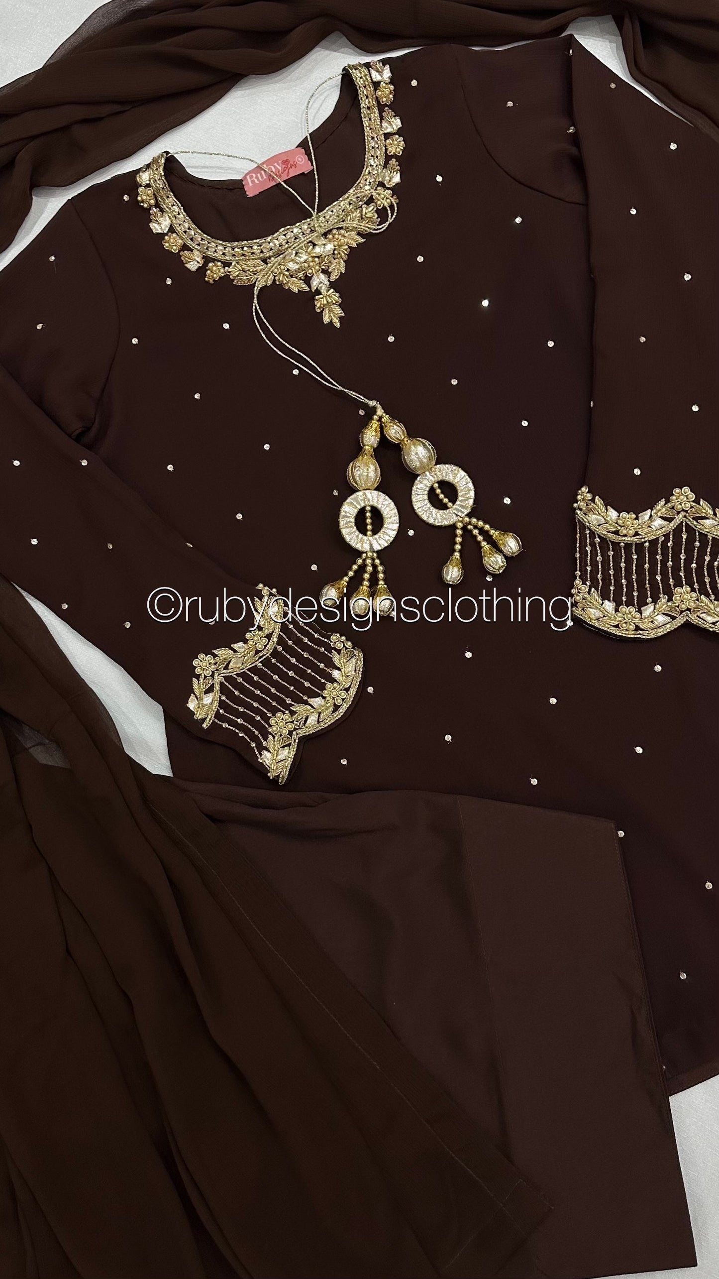 RAHA Mocha - Luxury 3 Piece Chiffon Suit with Farshi Shalwar
