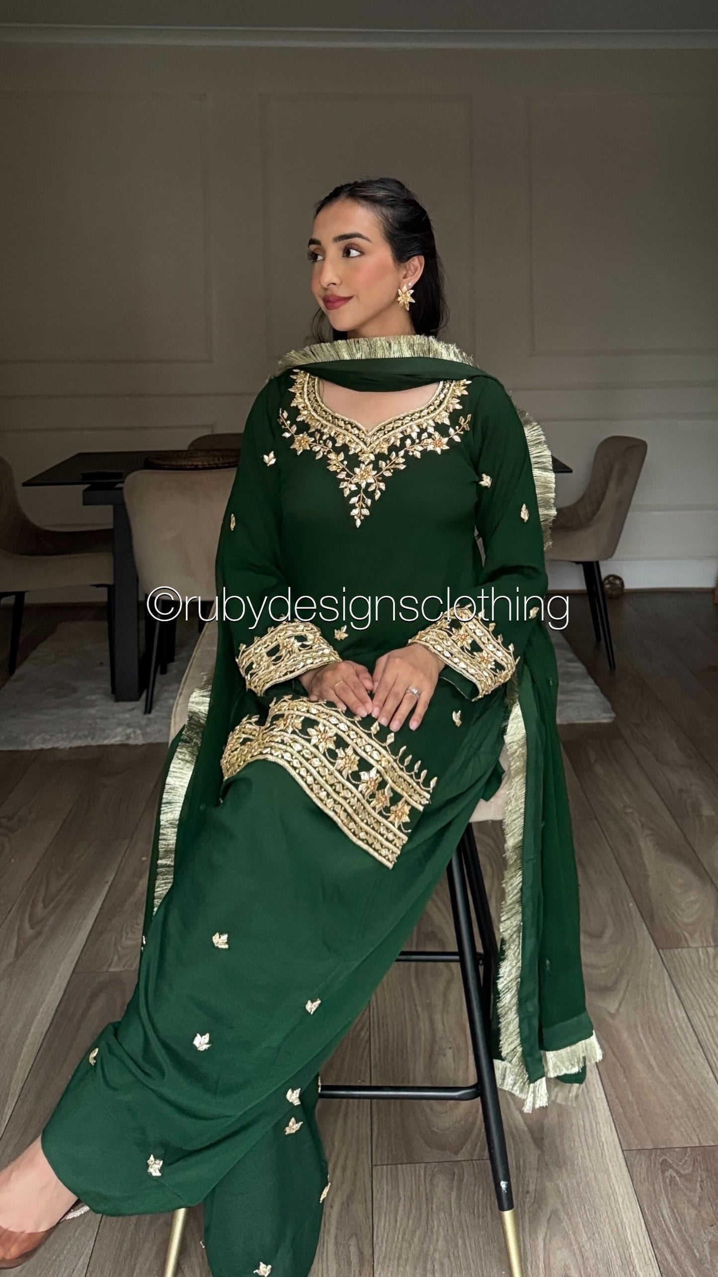 SAJAL Emerald - 3 Piece Chiffon Suit with Farshi Shalwar and Gota Handwork