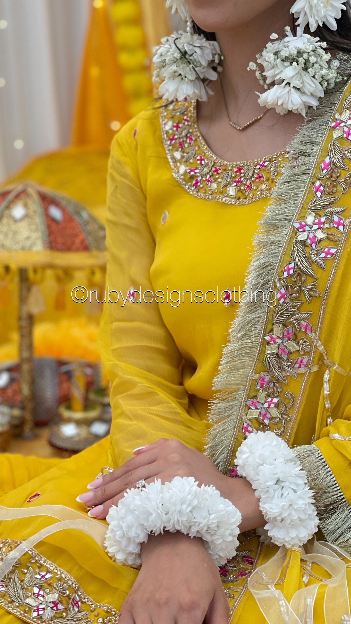 PRE- ORDER NAIMA - 3 Piece Mustard Chiffon Gharara with Handwork (8696400216277)