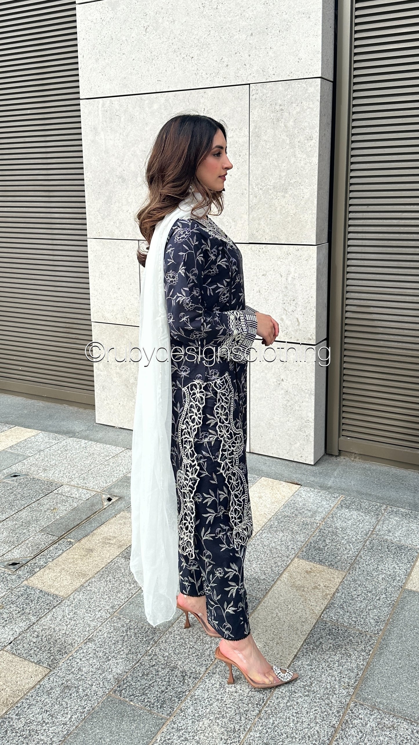 HABIBA - 3 Piece Charcoal Grey/Navy Lawn Suit with White Chiffon Dupatta (8583535427797)