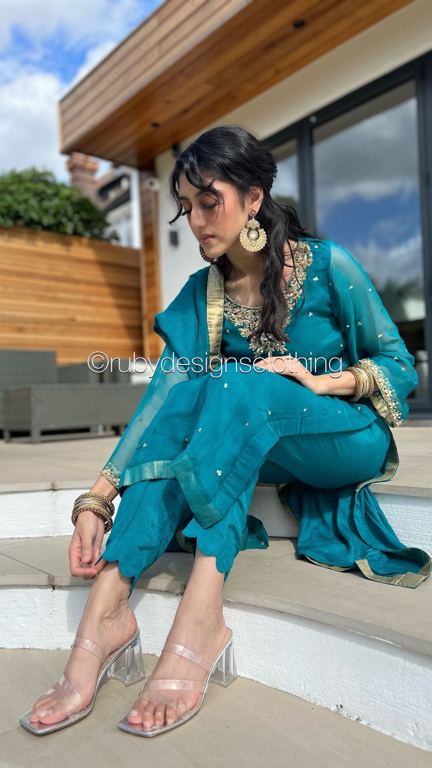 ALVIA Teal - 3 Piece Teal Chiffon Suit with Gold Handwork (8295034847445)