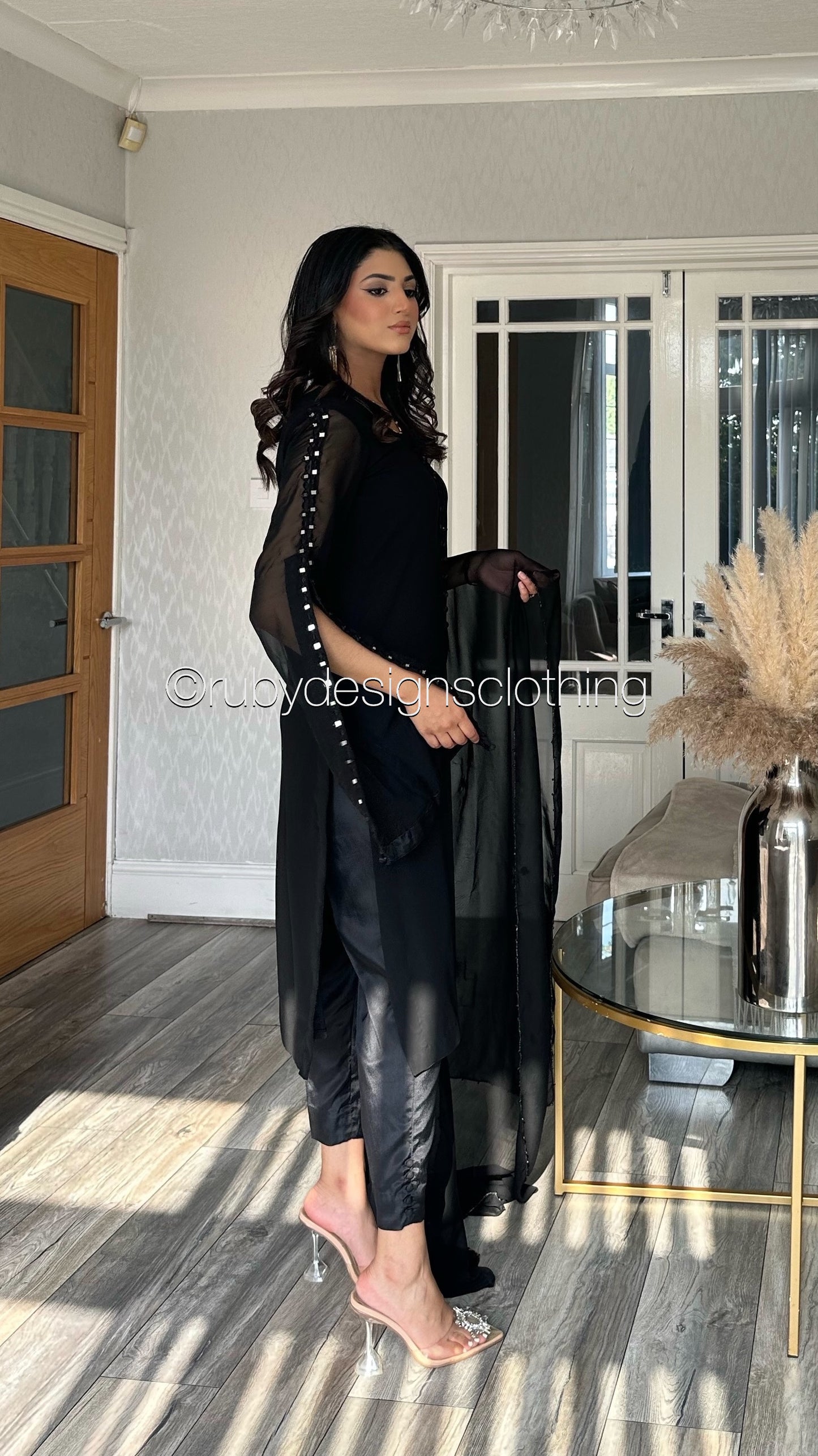 KAYRA Black - 3 Piece Black Chiffon Suit with Split Sleeve (8151996465365)