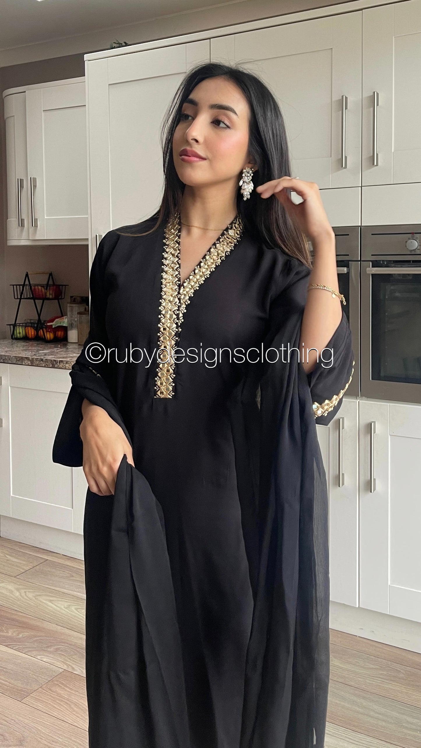 TARA Black - 3 Piece Linen Suit with Mirror Work (7934797643989)