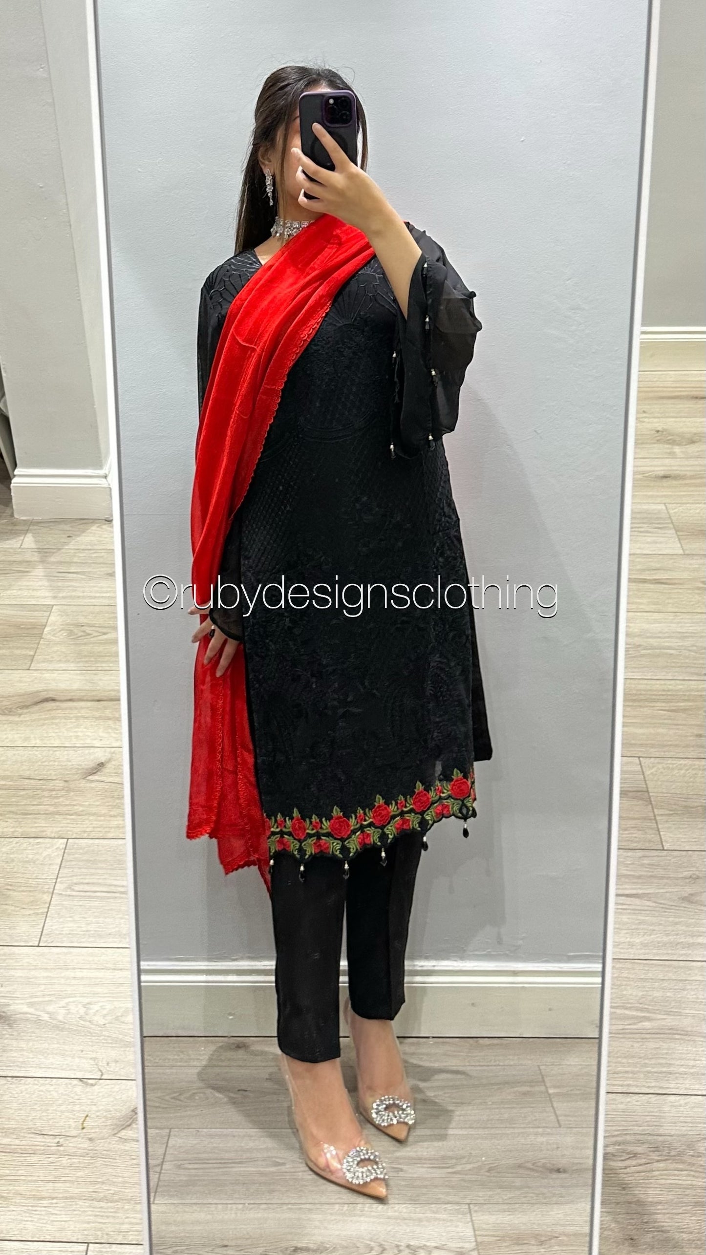 MISBA - 3 Piece Black Chiffon Suit with Red Chiffon Dupatta (8746833969365)