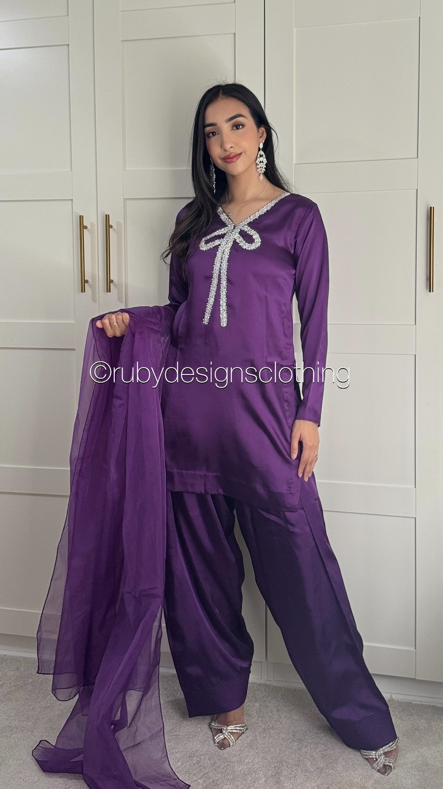 MONA - 3 Piece Silk Suit with Farshi Shalwar and Bow Detail