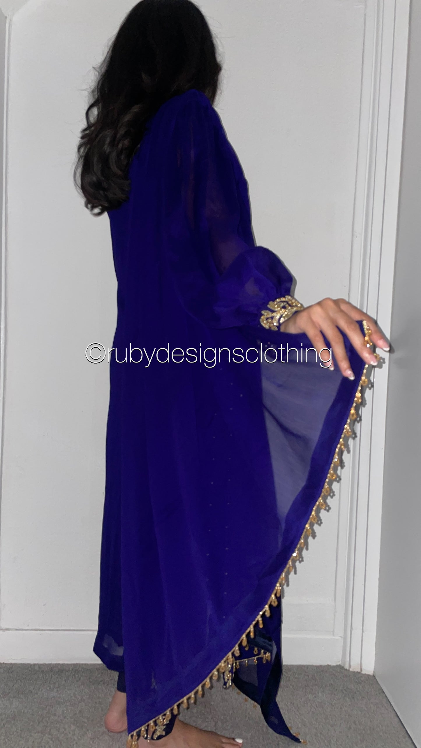 ANEEQA Navy - 4 Piece Chiffon Suit with Gold Handwork (8094541480149)