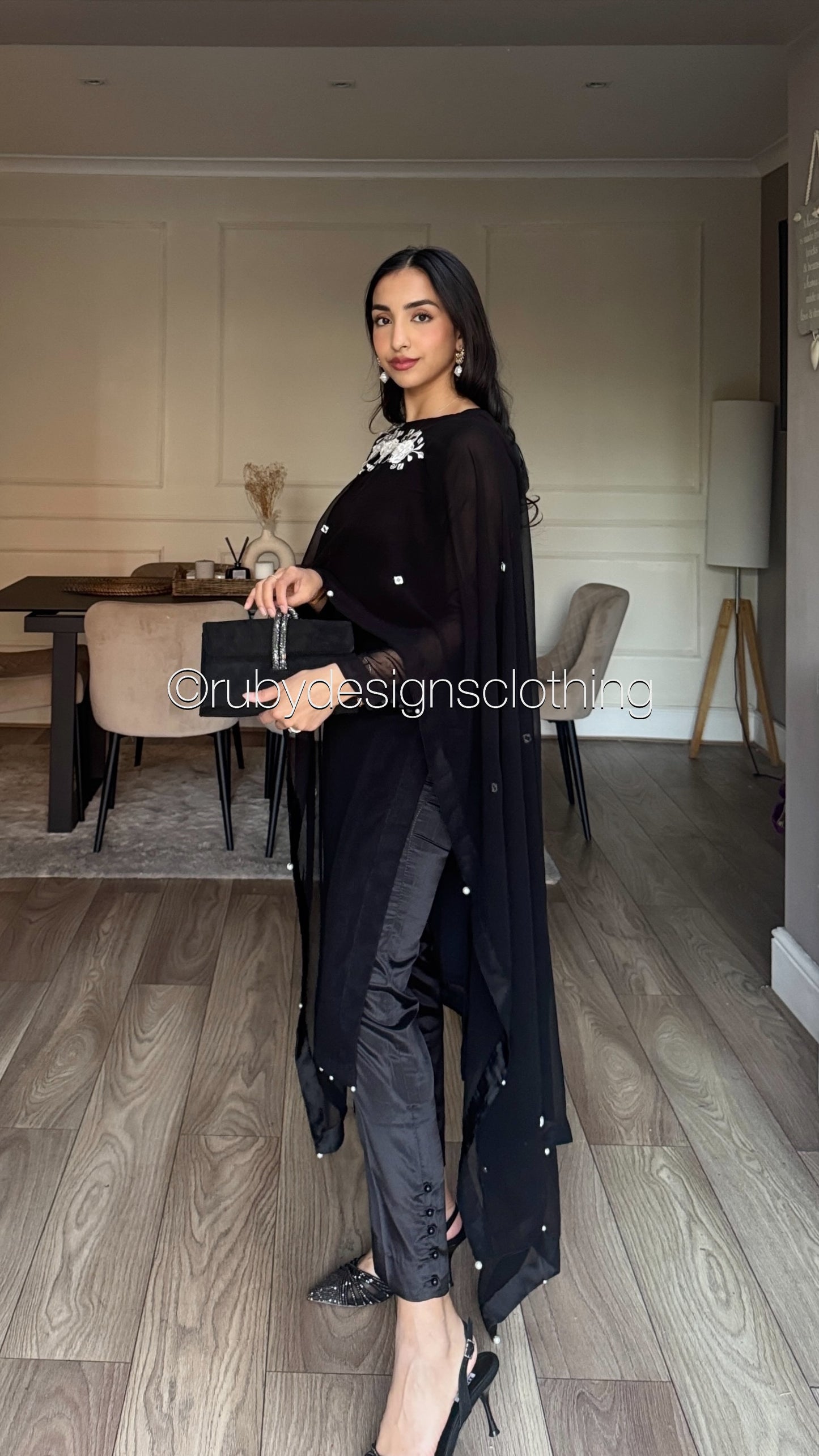 KAYNAT - 3 Piece Black Chiffon Suit with Cape/Poncho