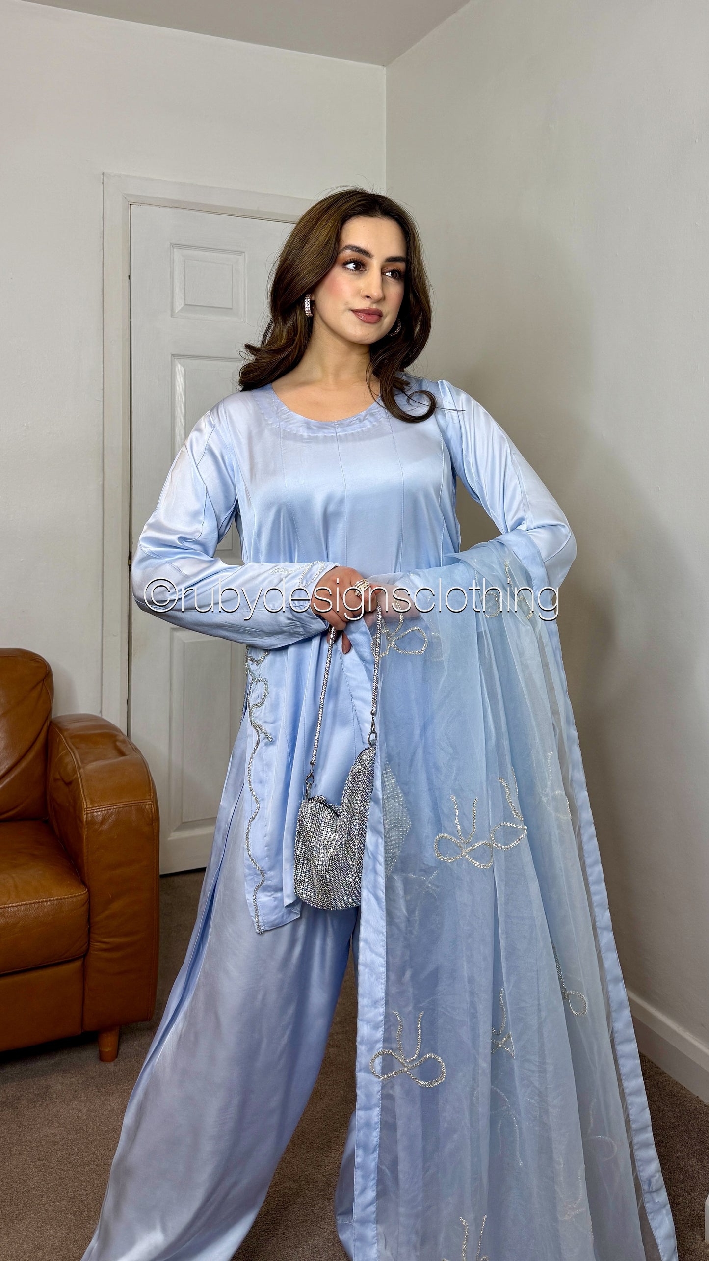 SAYLA Sky - 3 Piece Silk Bow Suit with Farshi Shalwar