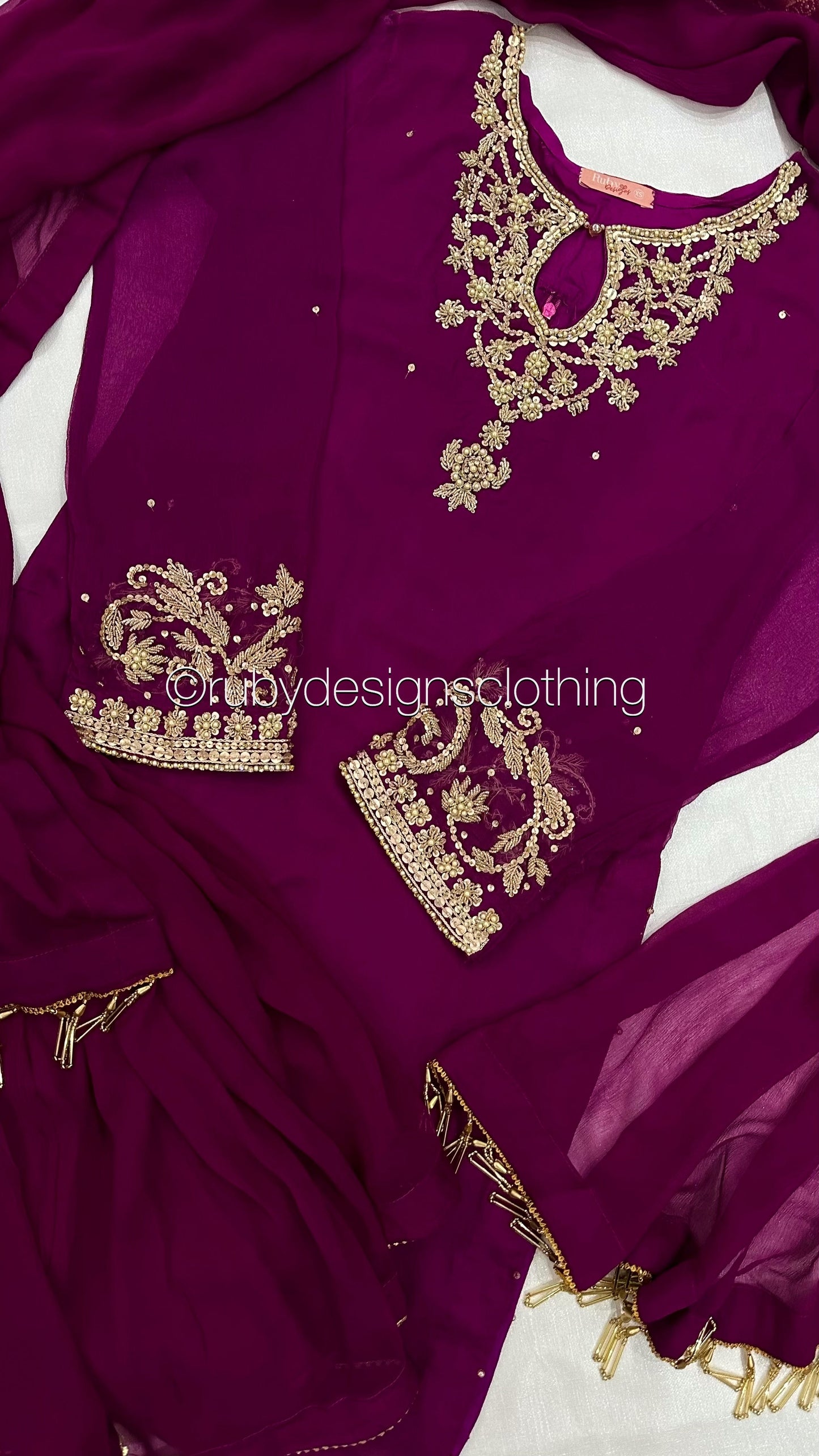 PRE-ORDER ZAINA - 3 Piece Deep Magenta Chiffon Sharara with Gold Handwork (8158985519317)