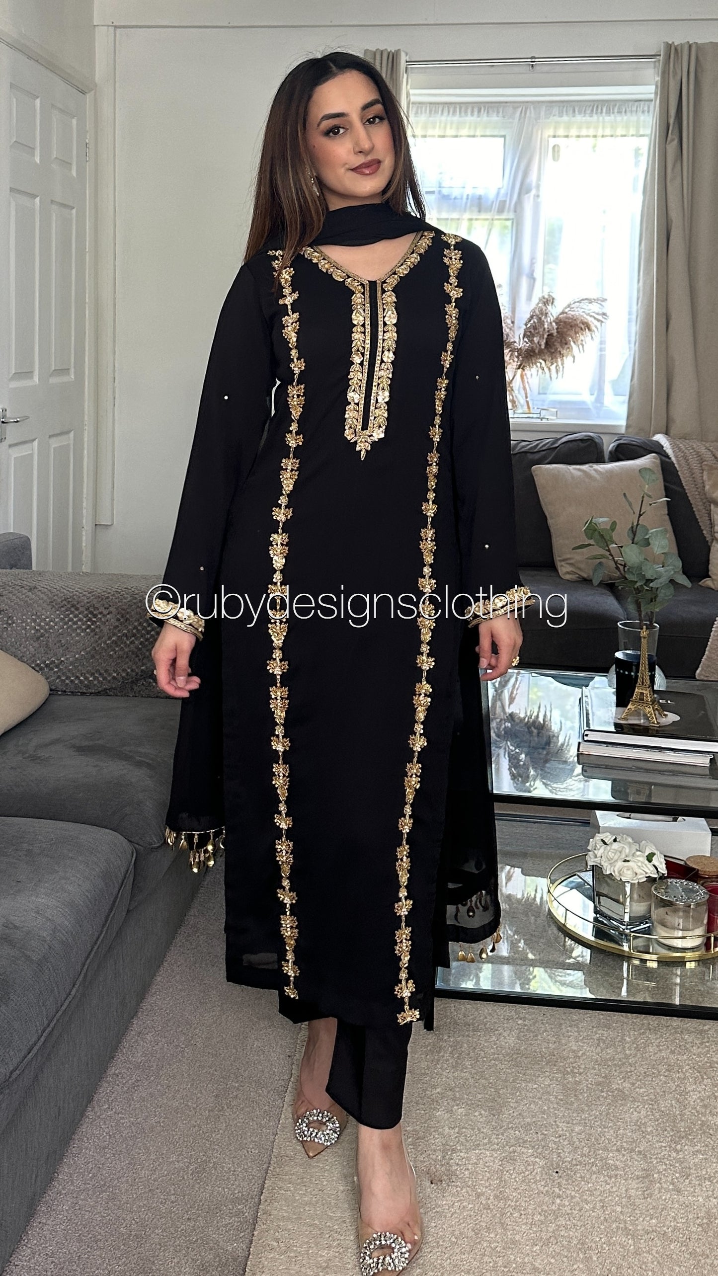 SADAF Black - 3 Piece Black Chiffon Suit with Gota Work (8532769276117)