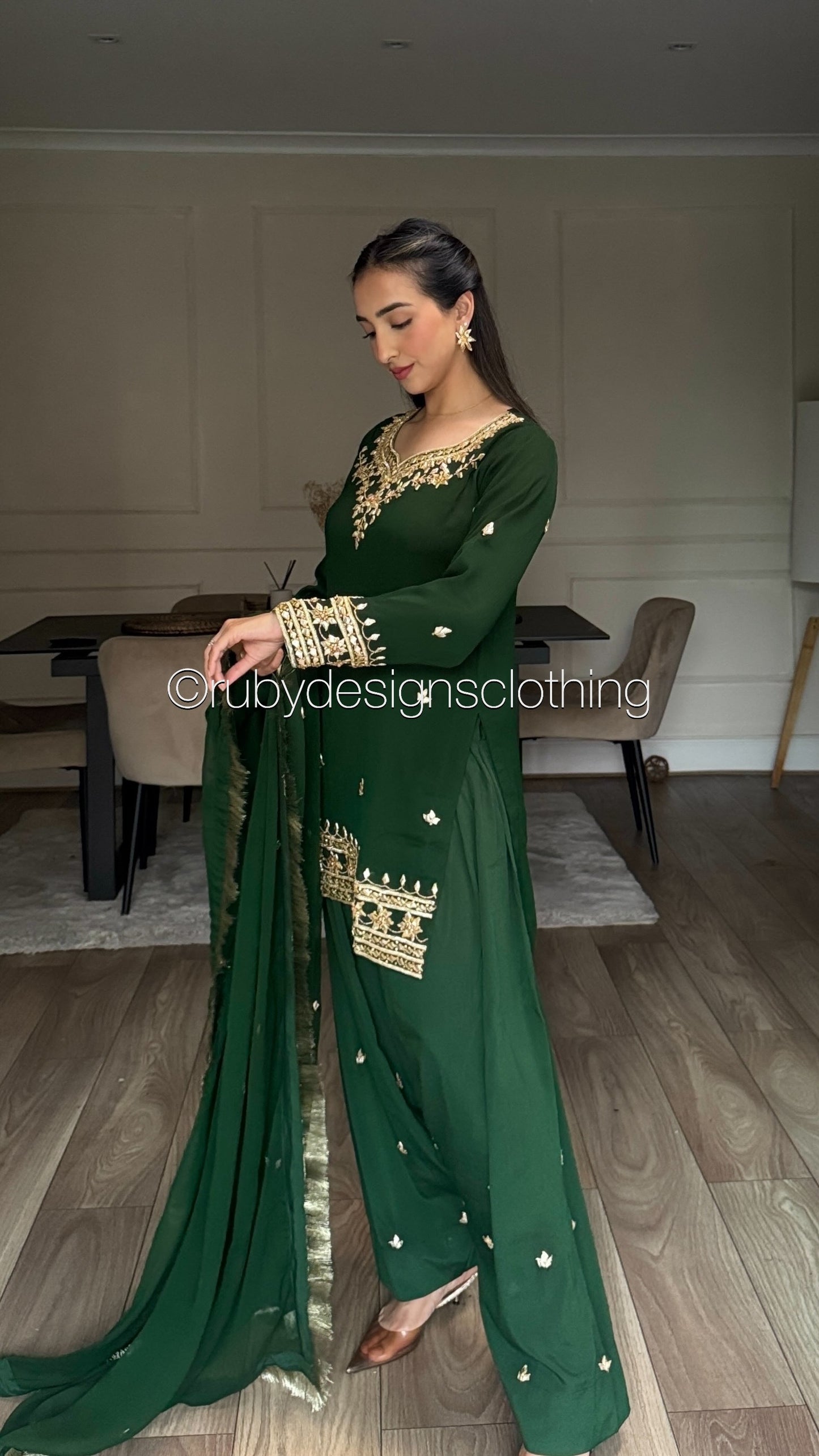 SAJAL Emerald - 3 Piece Chiffon Suit with Farshi Shalwar and Gota Handwork
