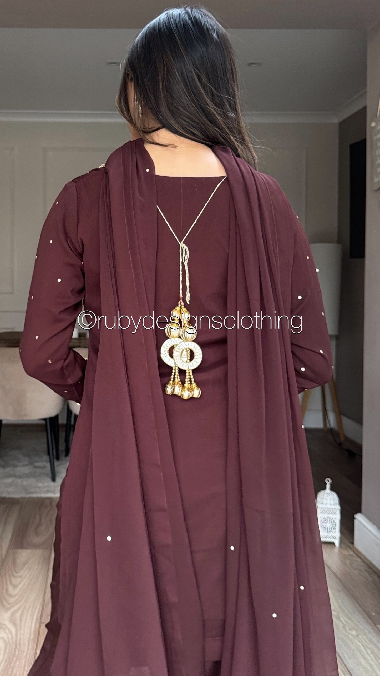 RAHA Mocha - Luxury 3 Piece Chiffon Suit with Farshi Shalwar