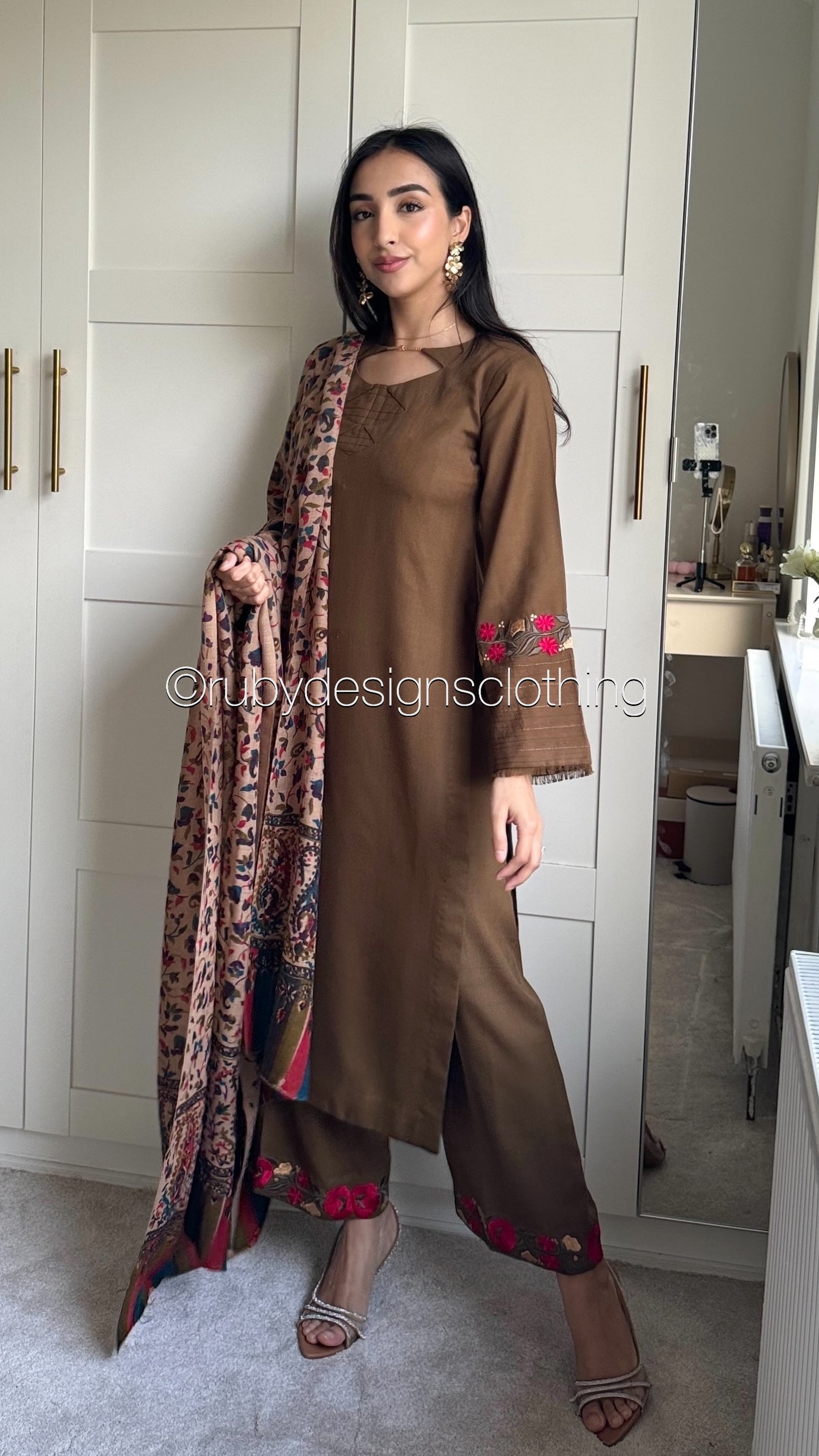 MINA - 3 Piece Khaki Marina Suit with Printed Pashmina Shawl