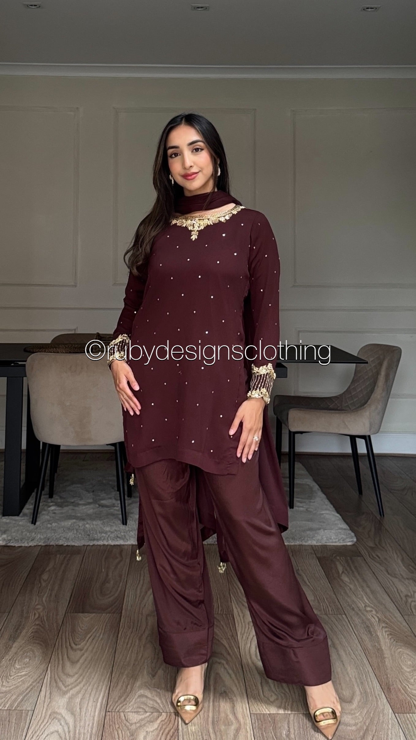RAHA Mocha - Luxury 3 Piece Chiffon Suit with Farshi Shalwar