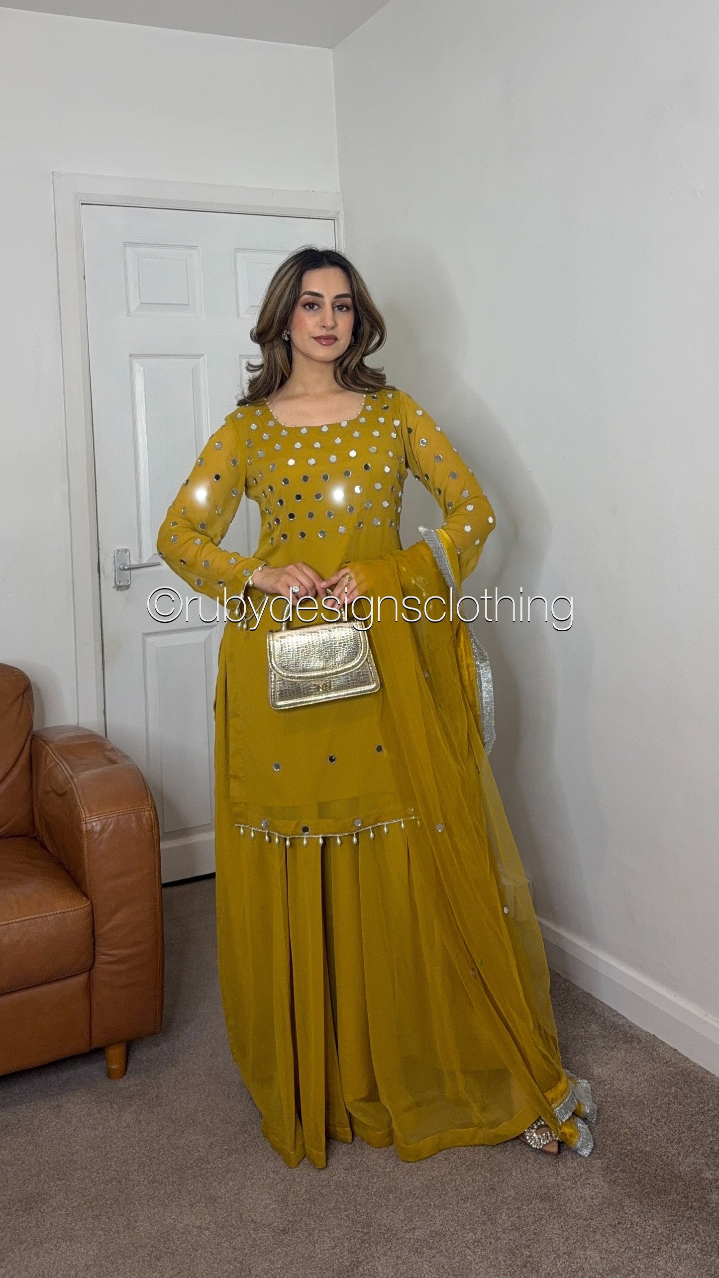AMREEN Mustard - EXCLUSIVE 3 Piece Chiffon Sharara with Mirror Work