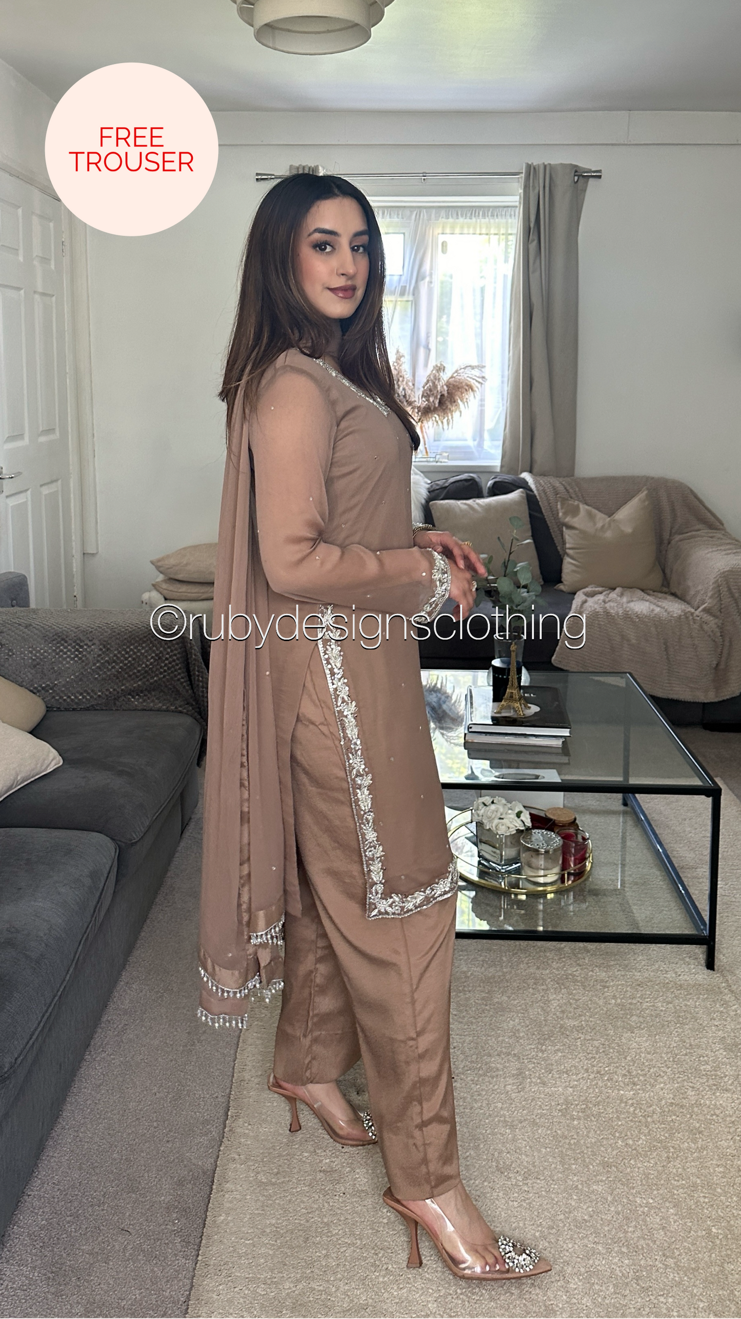 AYRA Dawn - 3 Piece Brown Chiffon Suit with Farshi Shalwar