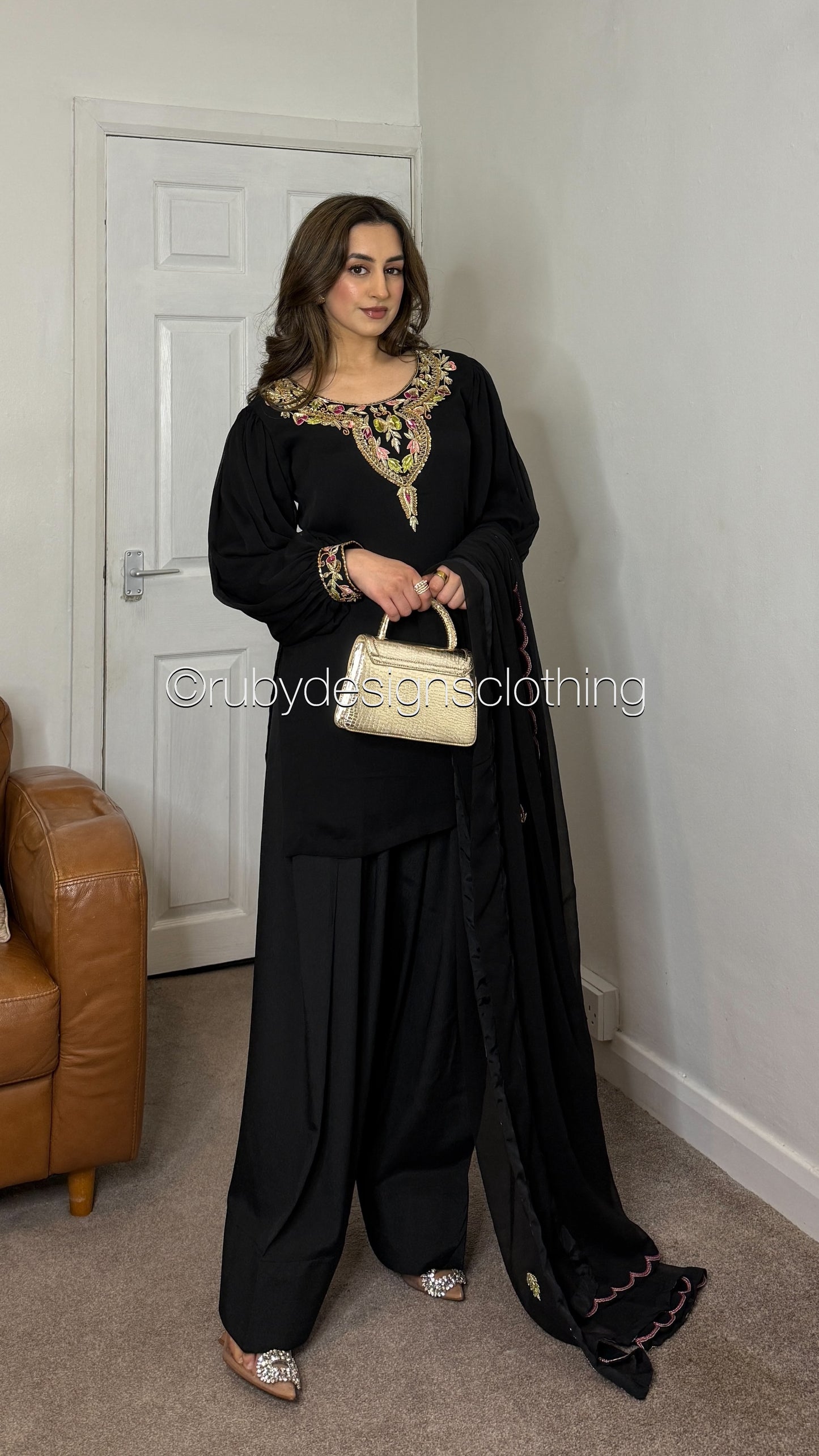 MISSING ITEMS (TROUSER and SCARF) - SERENE Black - Luxury 3 Piece Chiffon Suit with Farshi Shalwar