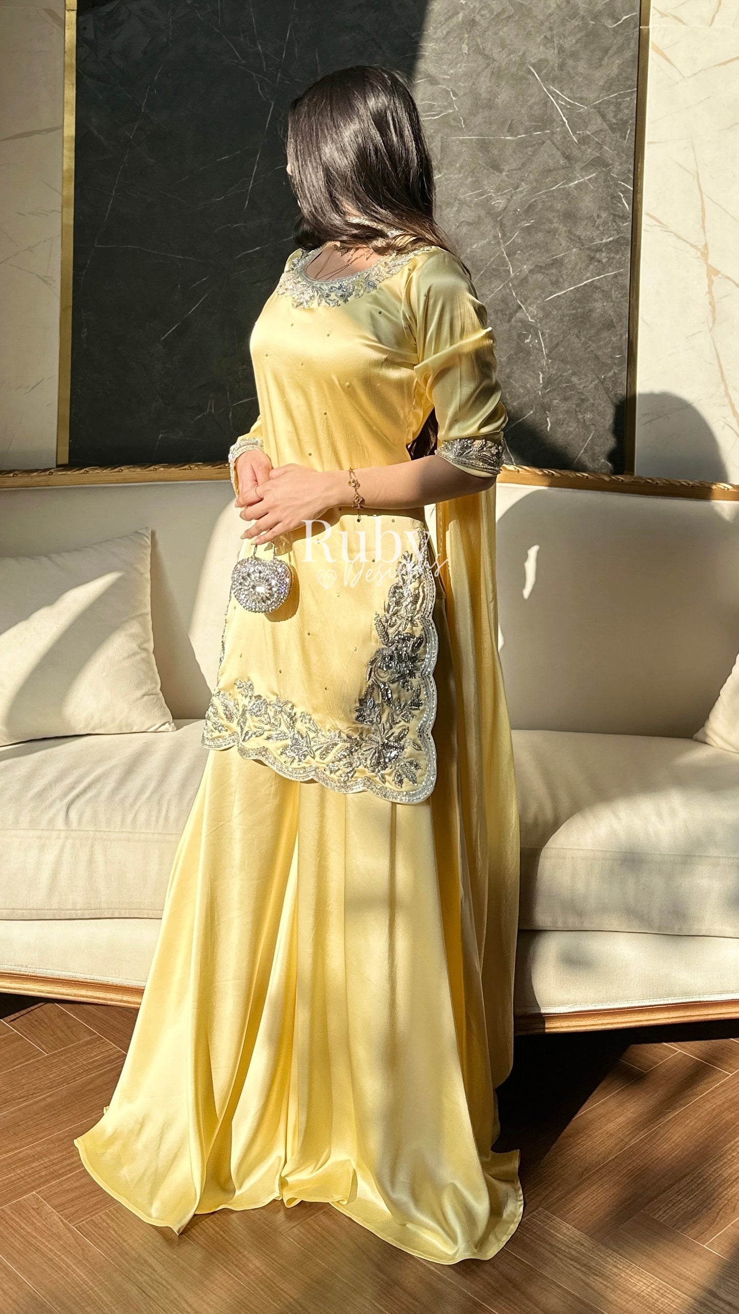 PARISA - 3 Piece Butter Yellow Silk Suit with Sharara