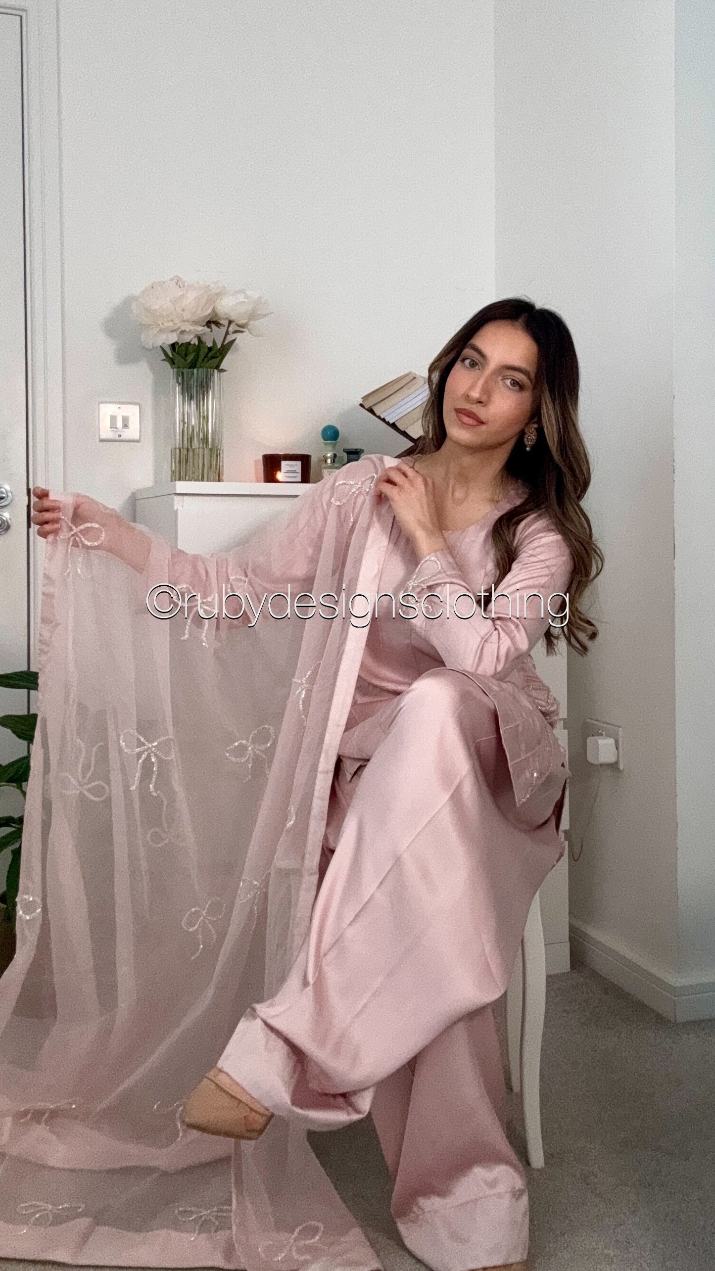 SAYLA Blush - 3 Piece Silk Bow Suit with Farshi Shalwar