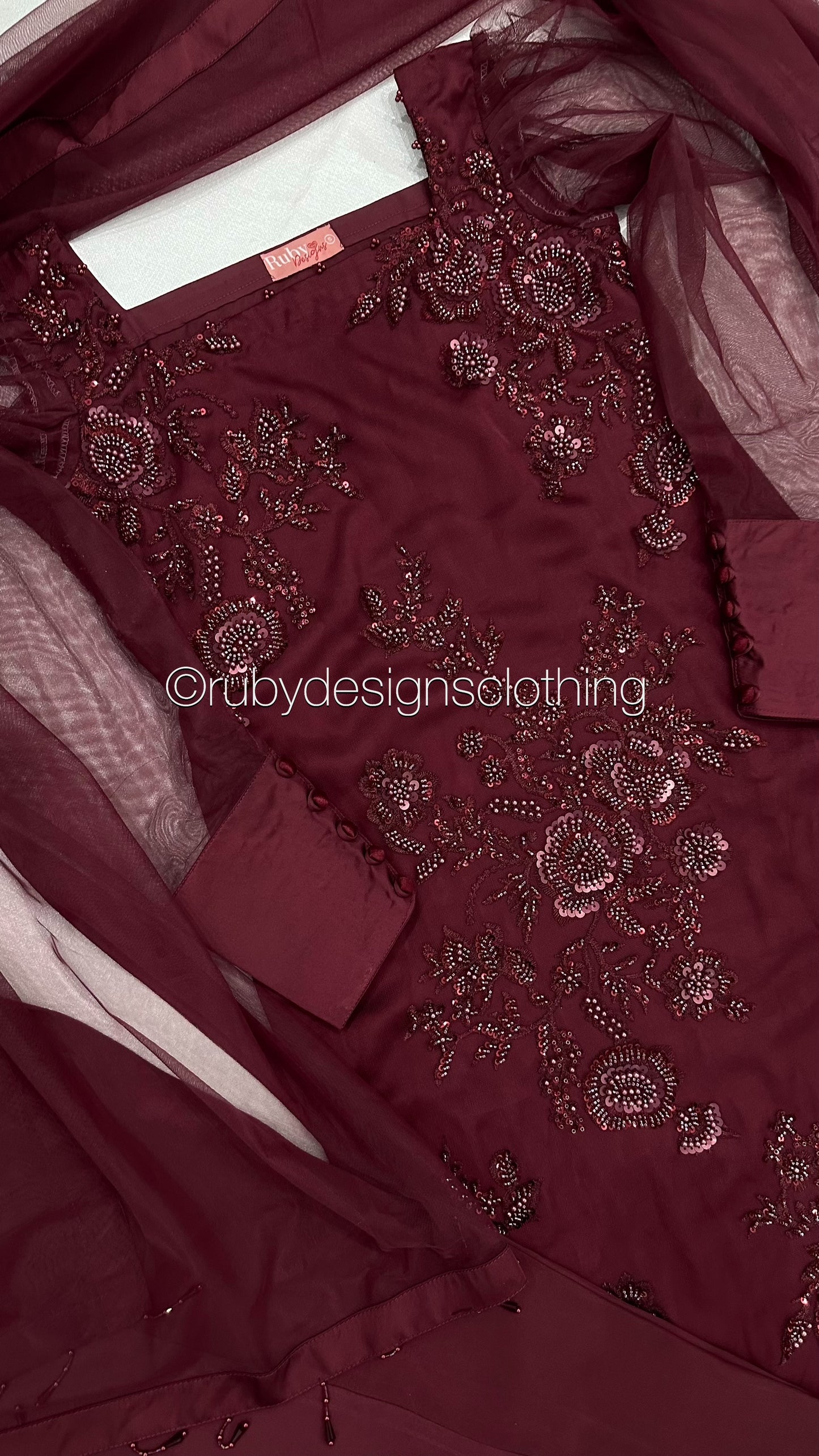 DINA - 3 Piece Deep Red Net Suit with Net Dupatta and Tassels (8301864255701)