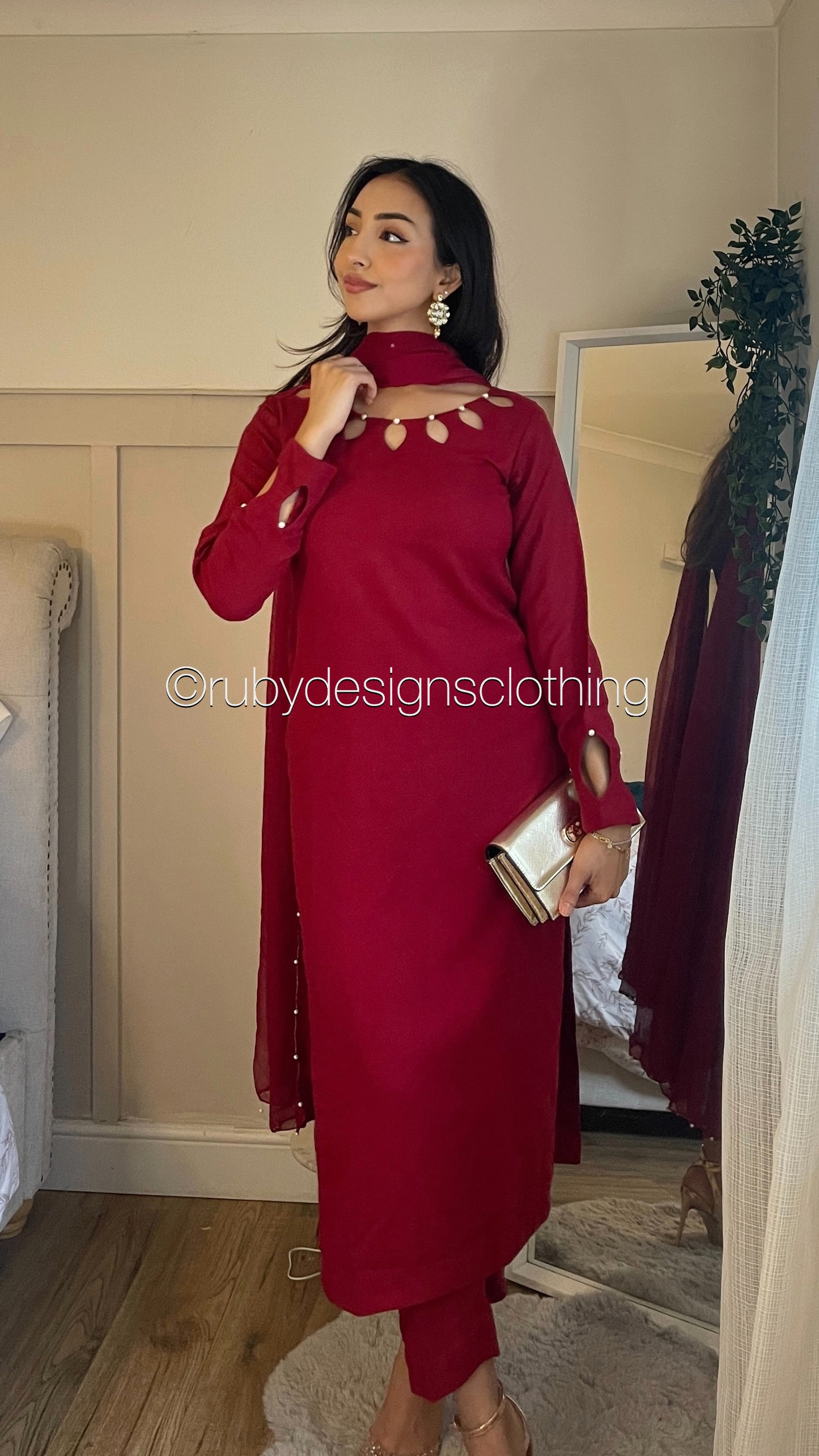 NUHA- 3 Piece Red Linen Suit with Chiffon Dupatta (8219888615637)