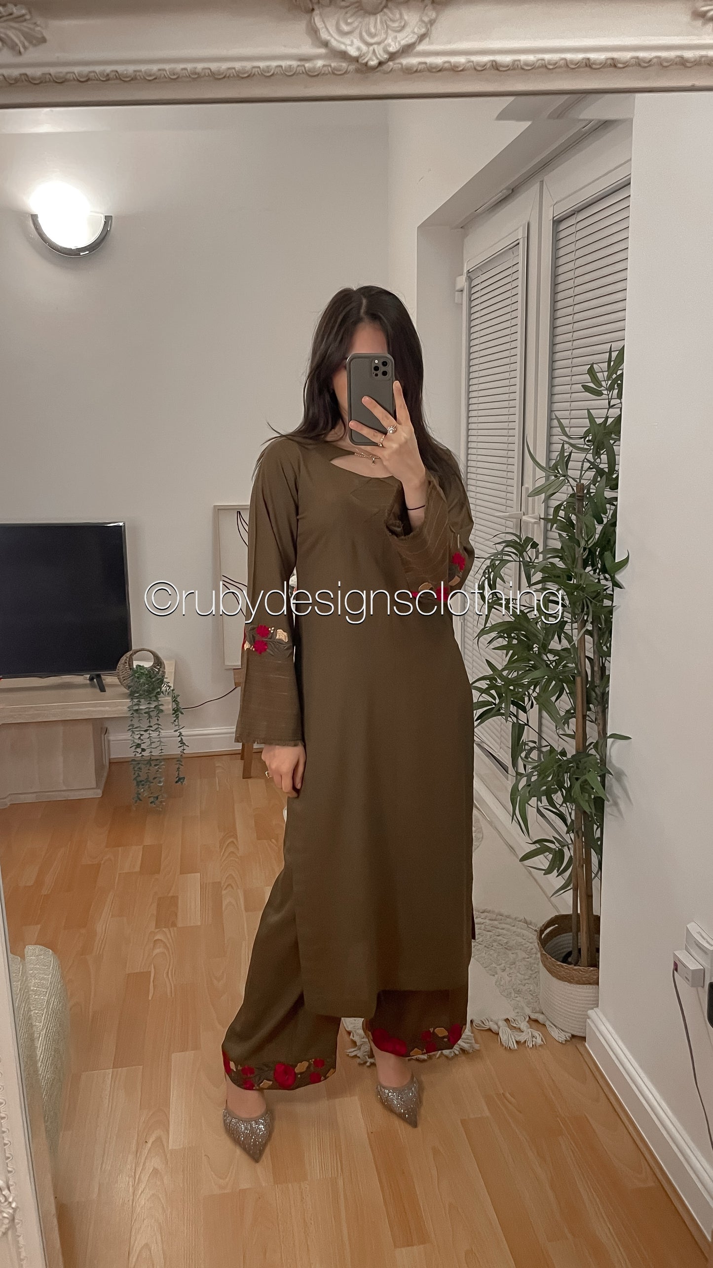 MINA - 3 Piece Khaki Marina Suit with Printed Pashmina Shawl