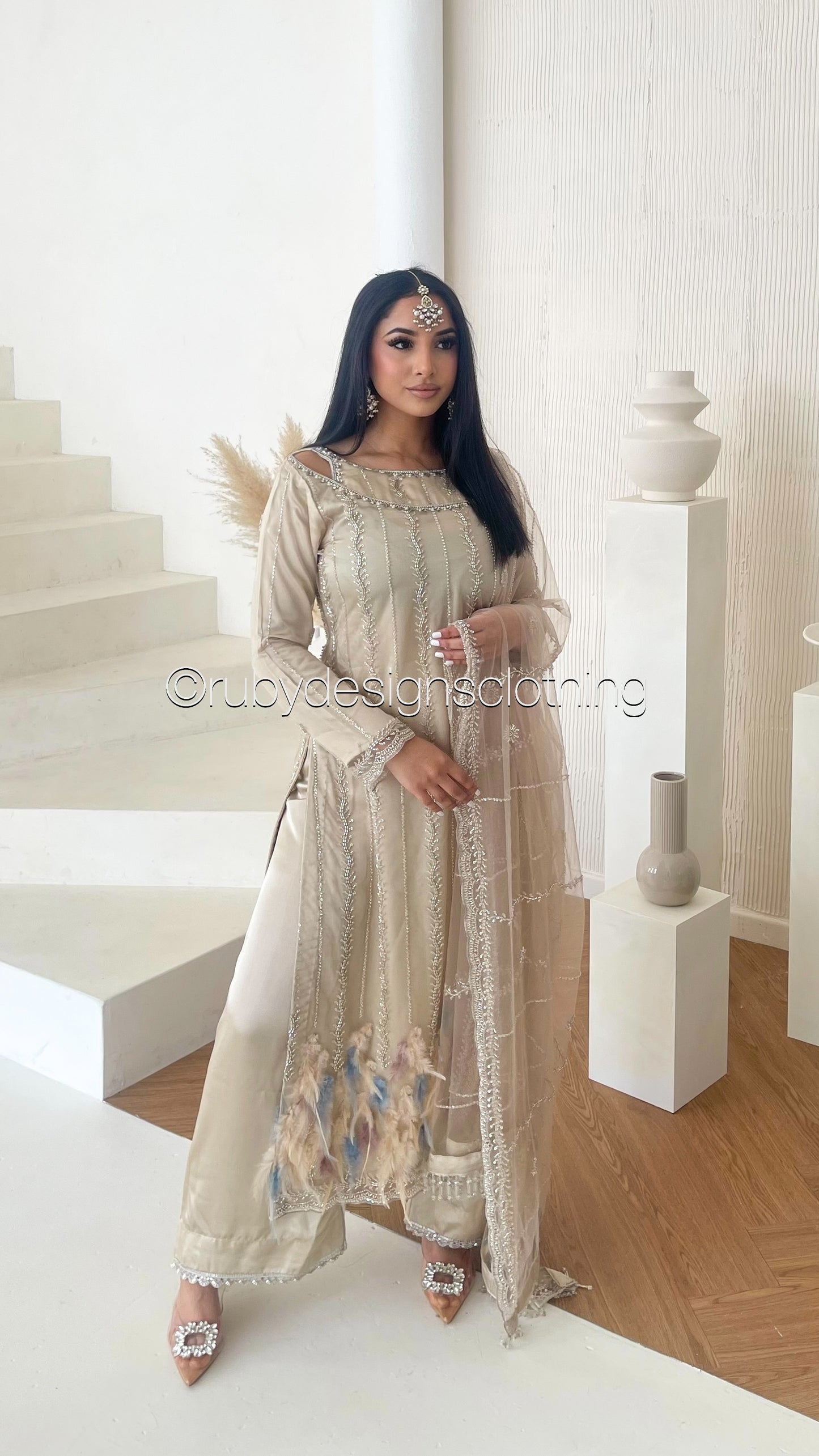 ELARA Pearl - 3 Piece Ivory Net Suit with Heavy Cutdana Work