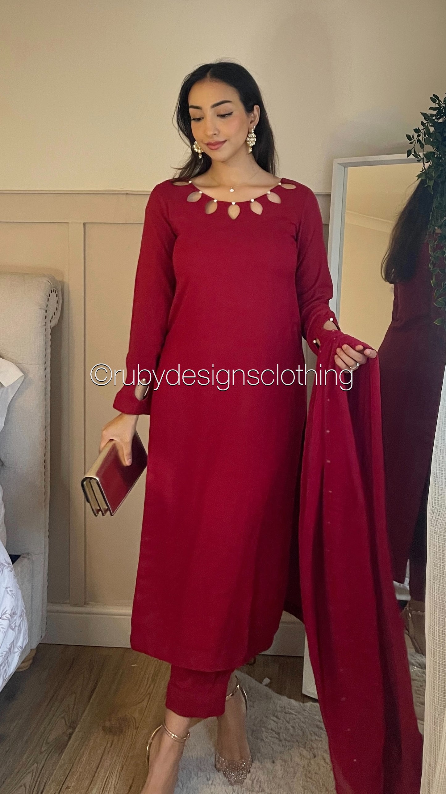 NUHA- 3 Piece Red Linen Suit with Chiffon Dupatta (8219888615637)