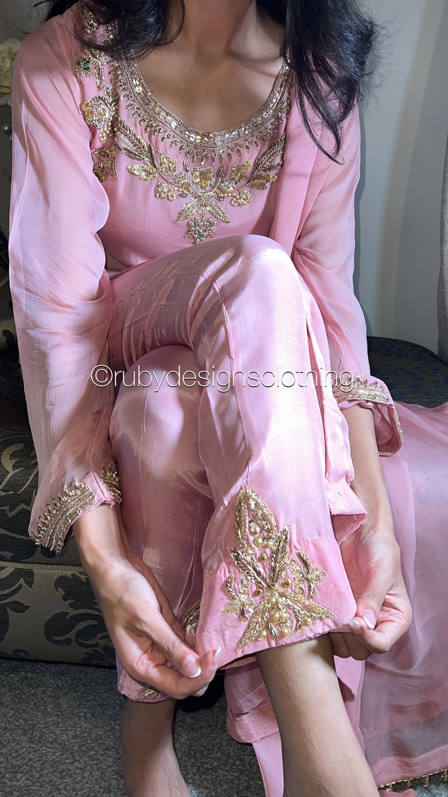 AMBREEN Pink - 4 Piece Chiffon Suit with Gold Handwork