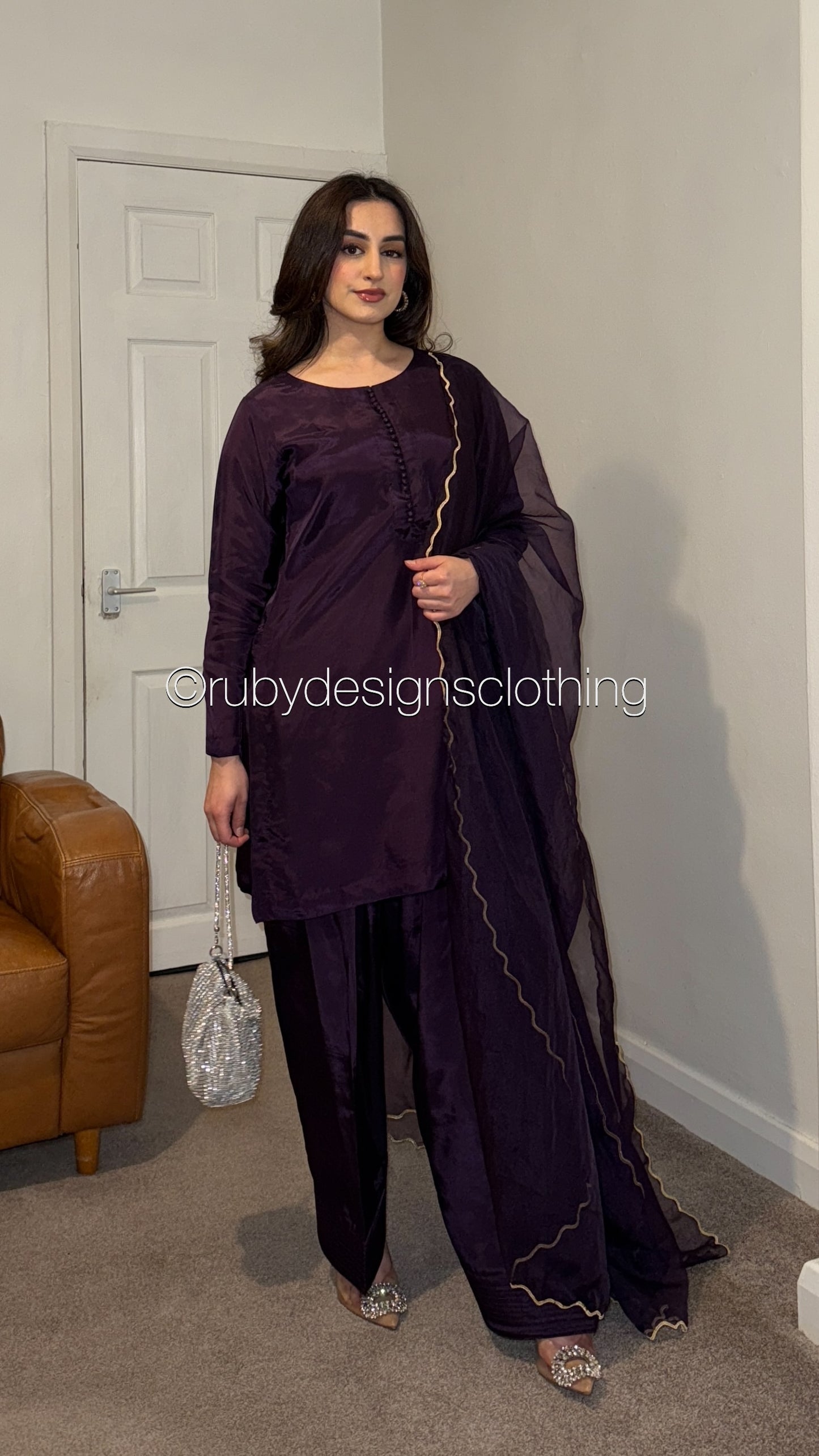 RIMA Plum - 3 Piece Russian Silk Suit with Farshi Shalwar