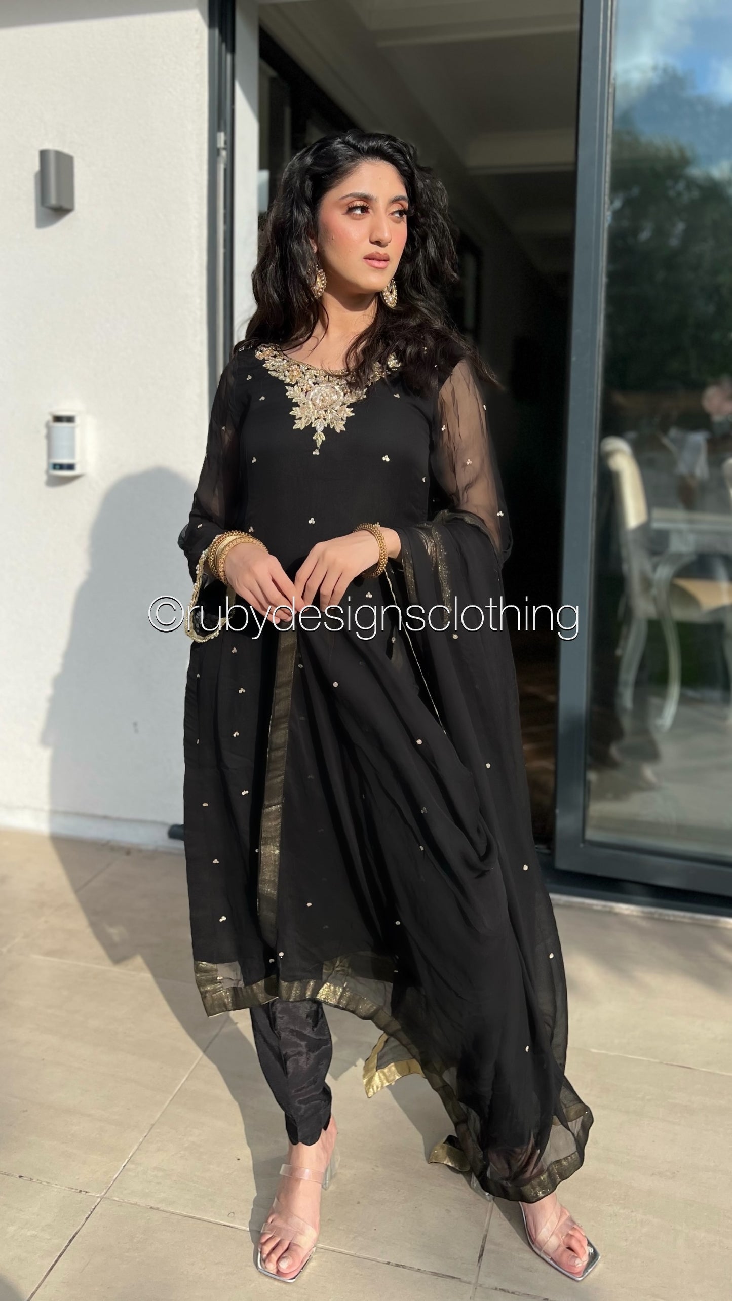 ALVIA Black - 3 Piece Black Chiffon Suit with Gold Handwork (8294976651477)