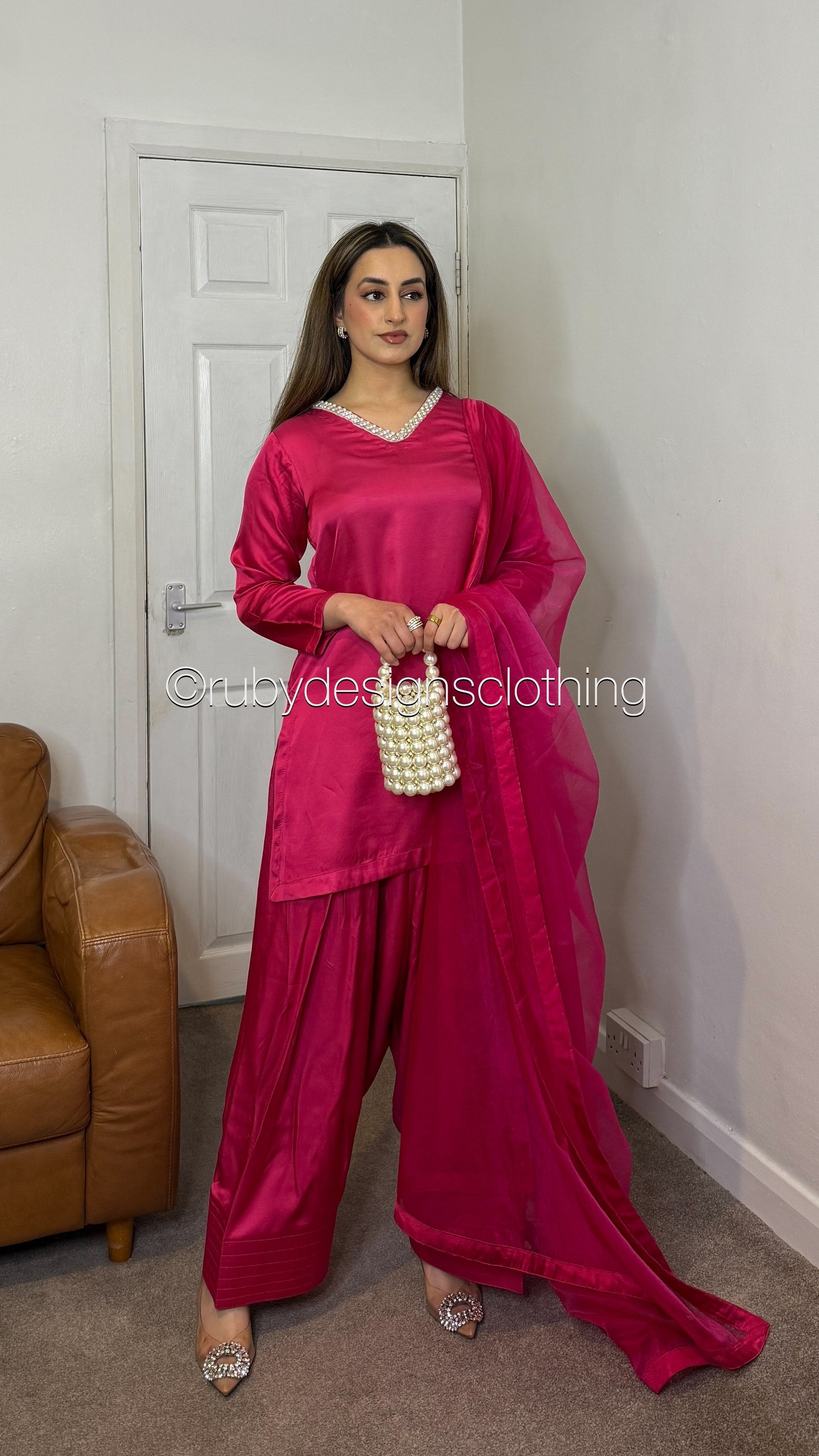 NEHA Rose - 3 Piece Silk Suit with Farshi Shalwar and Pearl Detail