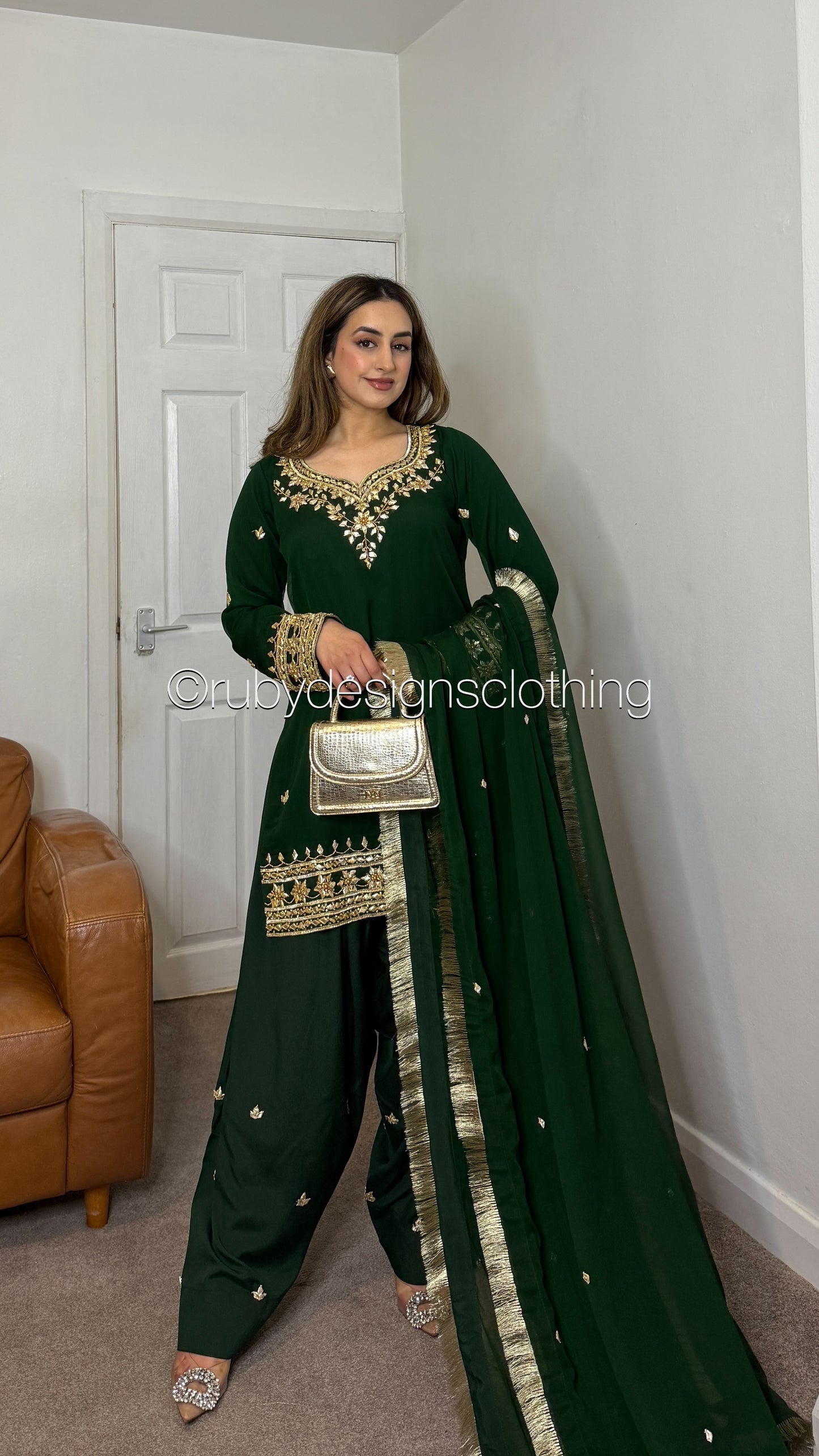 SAJAL Emerald - 3 Piece Chiffon Suit with Farshi Shalwar and Gota Handwork